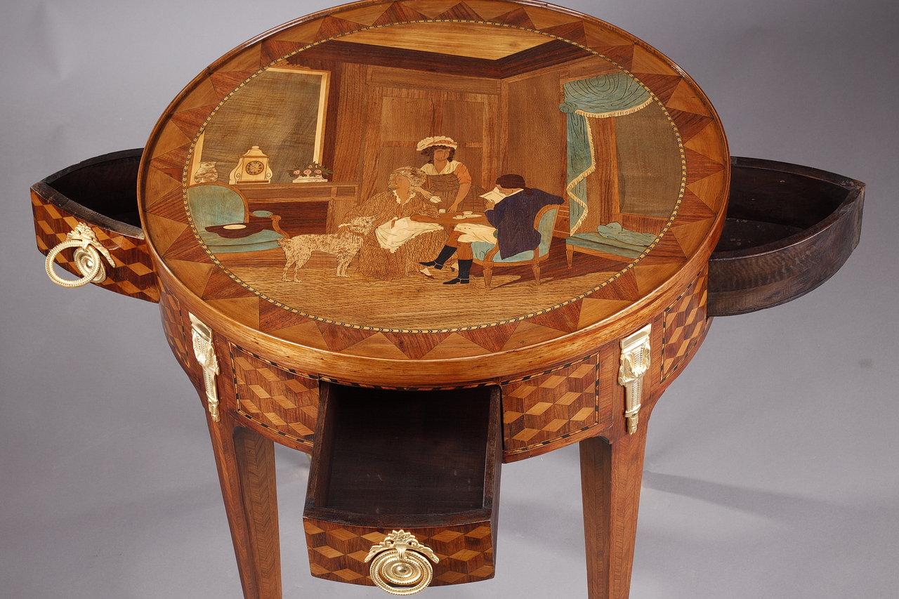 19th Century Rare Louis XVI style game table with wood marquetry decoration For Sale
