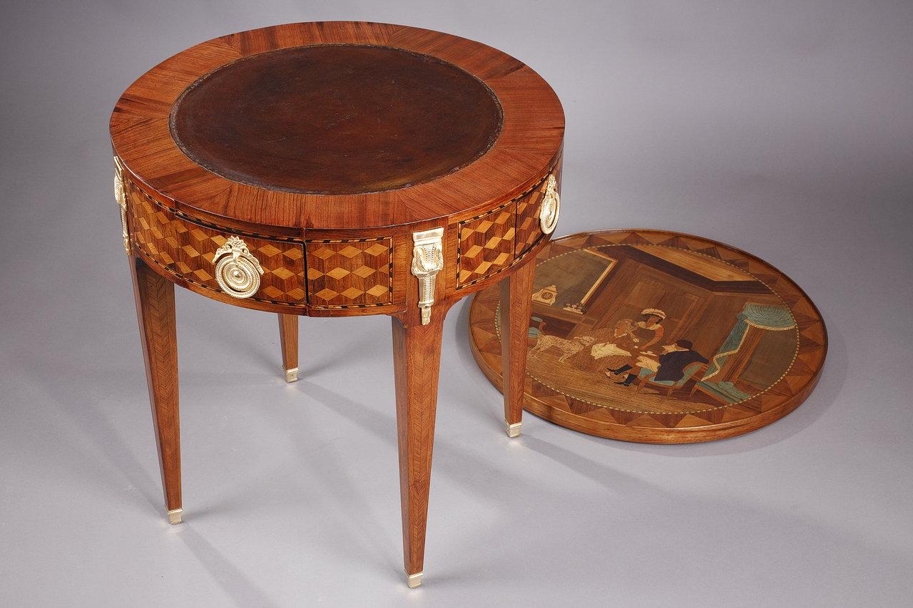Bronze Rare Louis XVI style game table with wood marquetry decoration For Sale