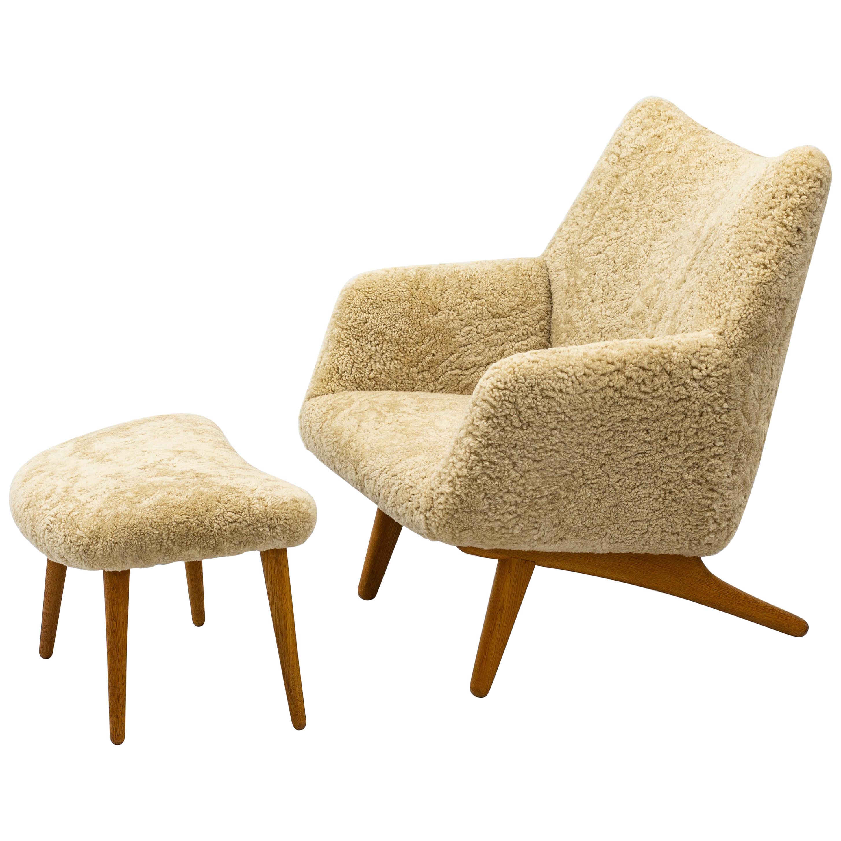 Rare Lounge Chair with Ottoman in Sheepskin by Illum Wikkelsø