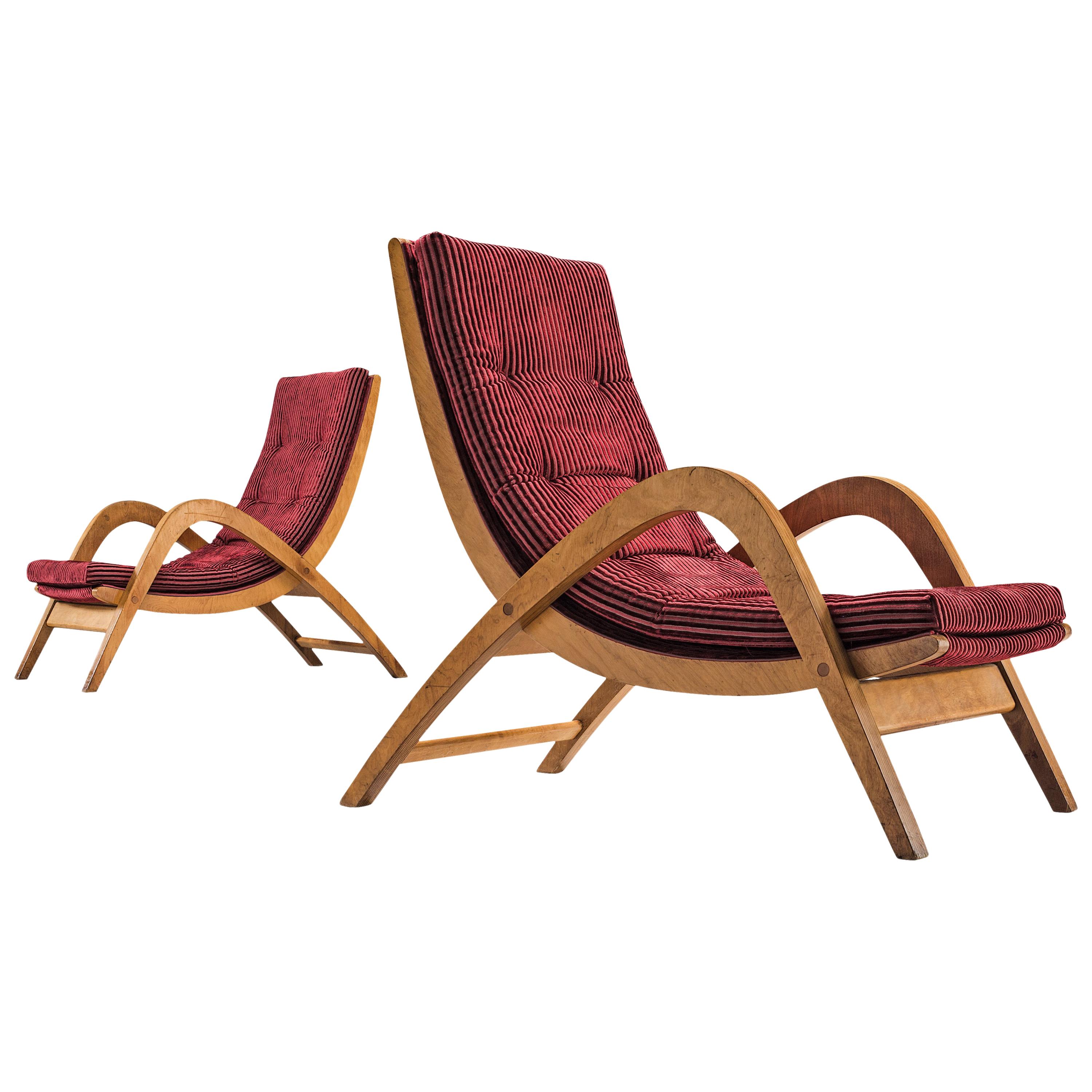 Rare Lounge Chairs by Neil Morris in Velvet Burgundy Upholstery