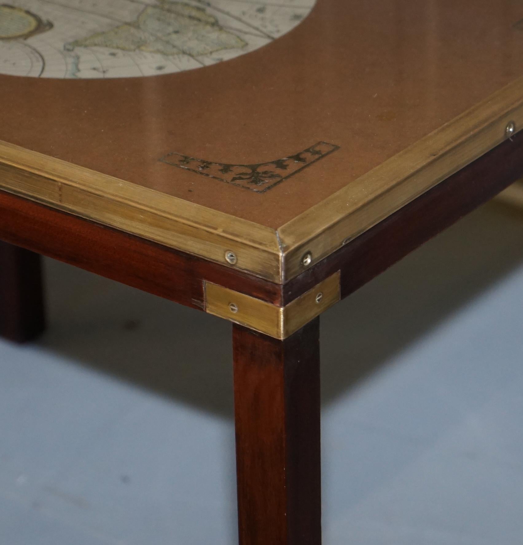 Brass Rare Lovely Coffee & Side Table Nest of Tables Military Campaign with World Maps For Sale