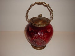 Rare Lovely Hand Cut Red Cranberry Crystal and Bronze Jar Urn with Handle