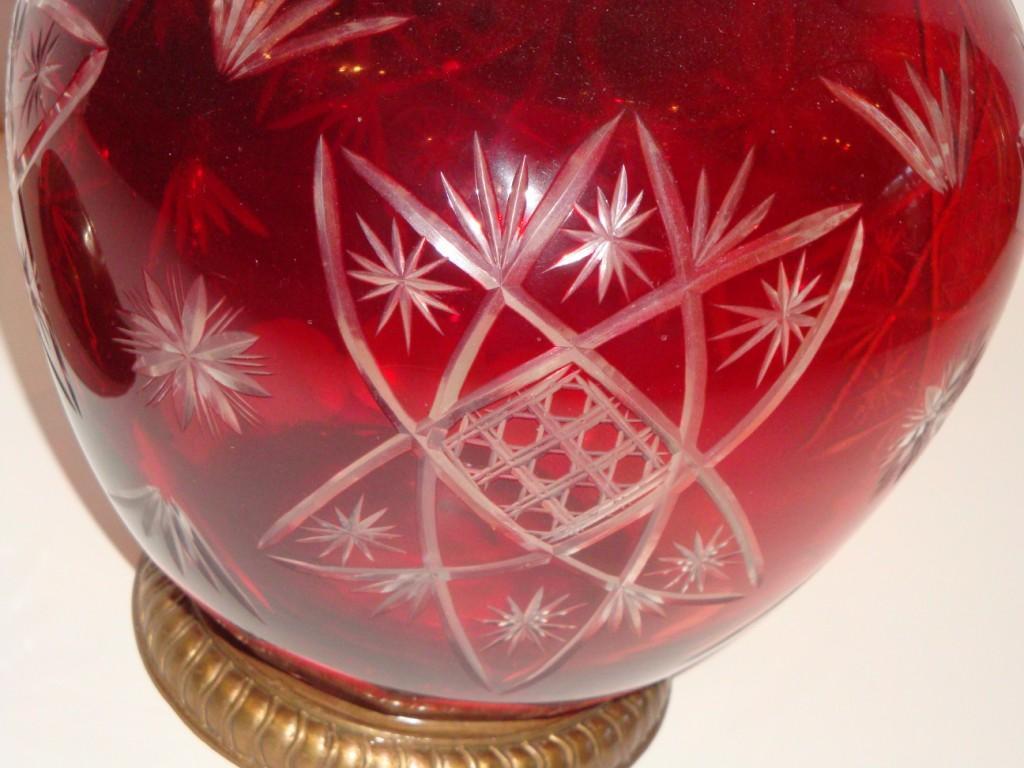  Rare Lovely Hand Cut Red Cranberry Crystal and Bronze Jar Urn with Handle In Good Condition For Sale In New York, NY