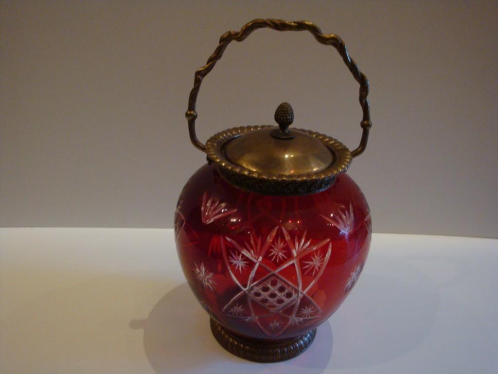 19th Century  Rare Lovely Hand Cut Red Cranberry Crystal and Bronze Jar Urn with Handle For Sale