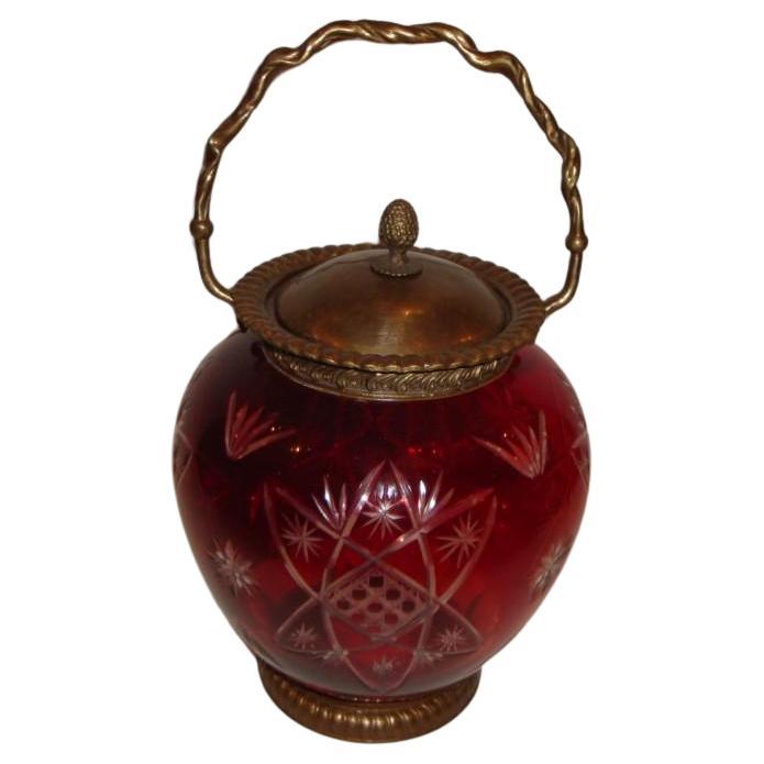  Rare Lovely Hand Cut Red Cranberry Crystal and Bronze Jar Urn with Handle For Sale