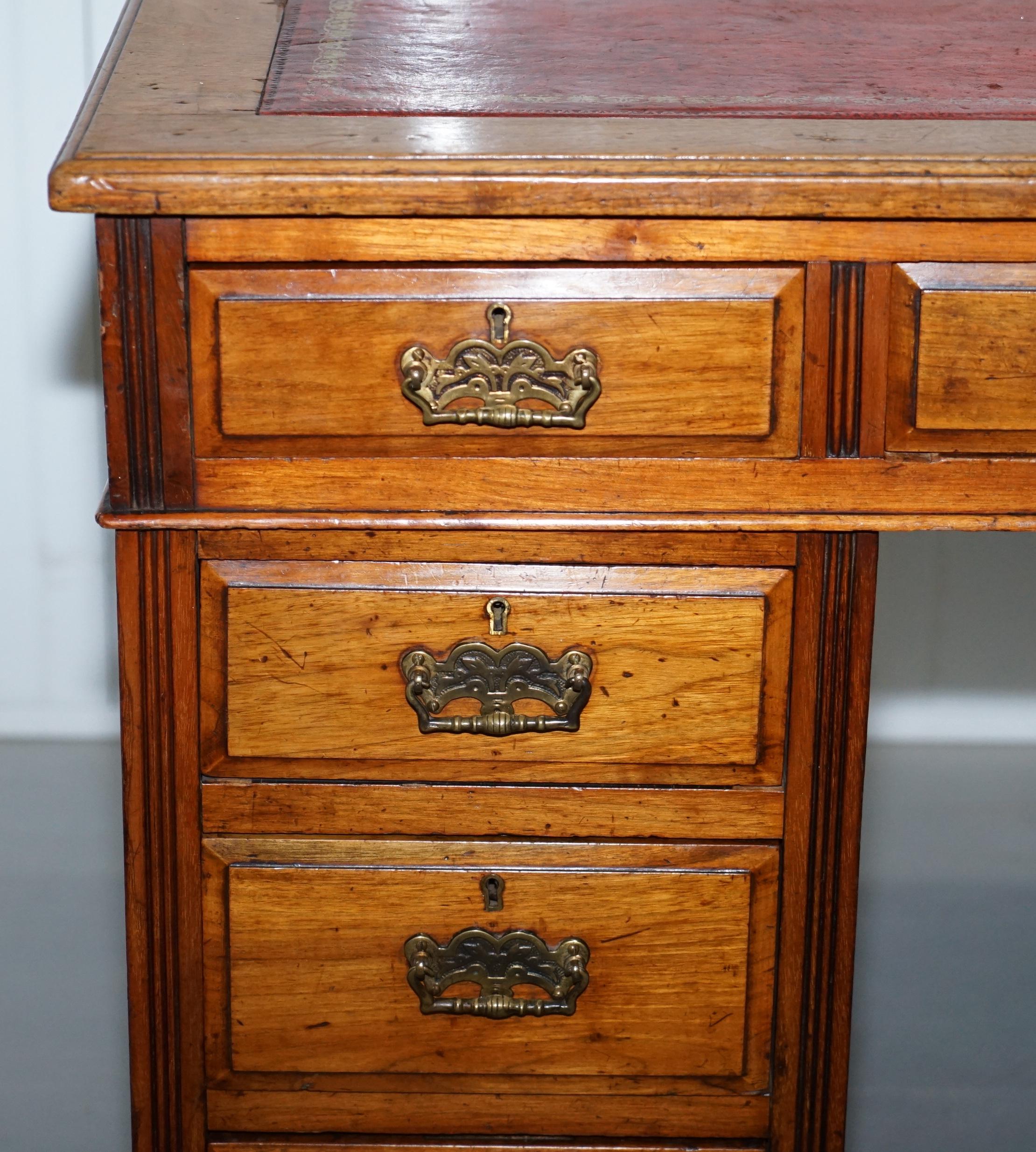 Rare Lovely Solid Walnut Victorian Desk Victorian Porcelain Castors Leather Top 5