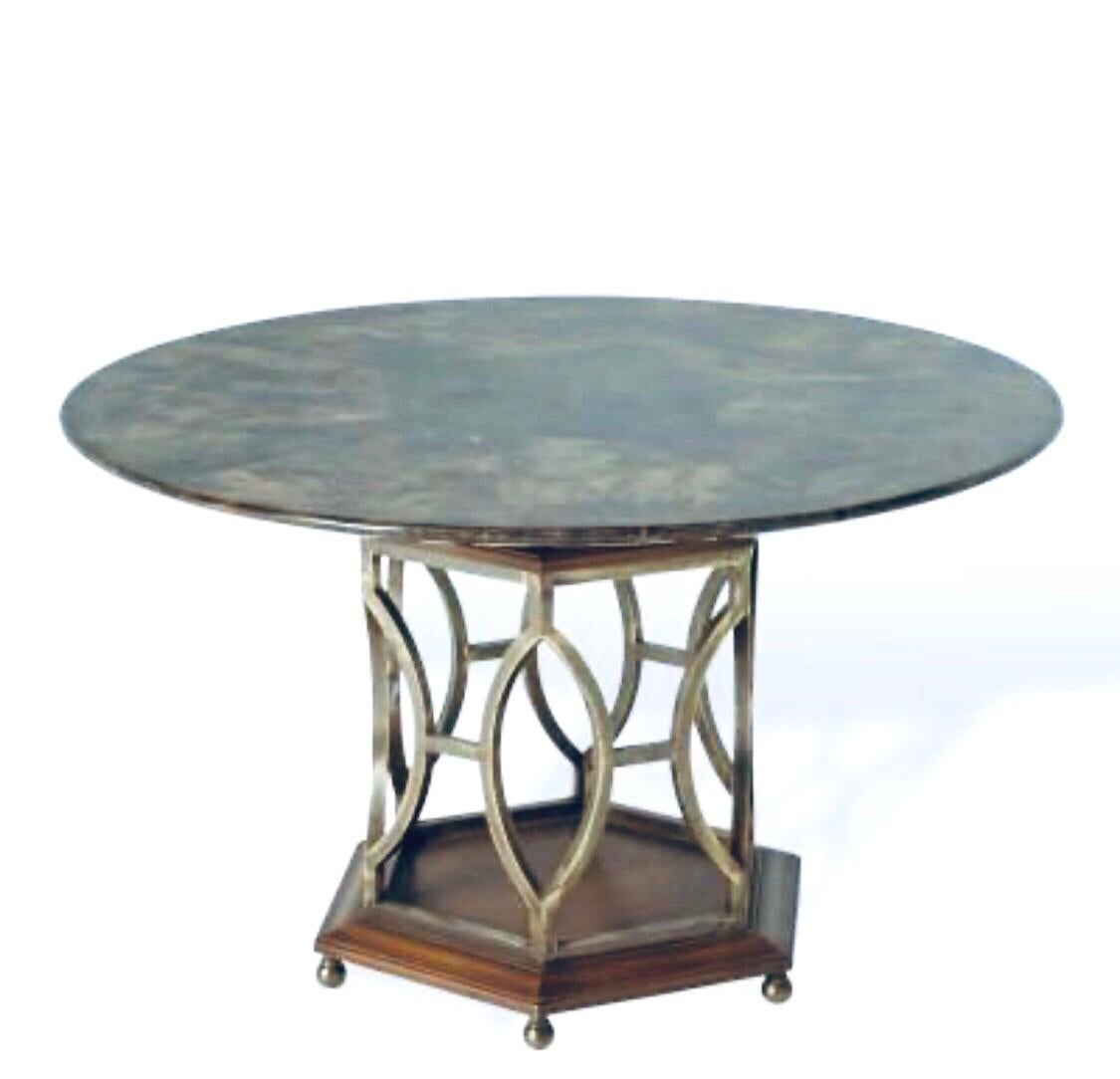 Beautiful and rare lacquered goatskin top with patinated brass and wood base, circa 1970s, Made in Italy original condition the brass base can be polished if desired but we left it in AS/IS condition. A great addition to any Hollywood Regency , Mid