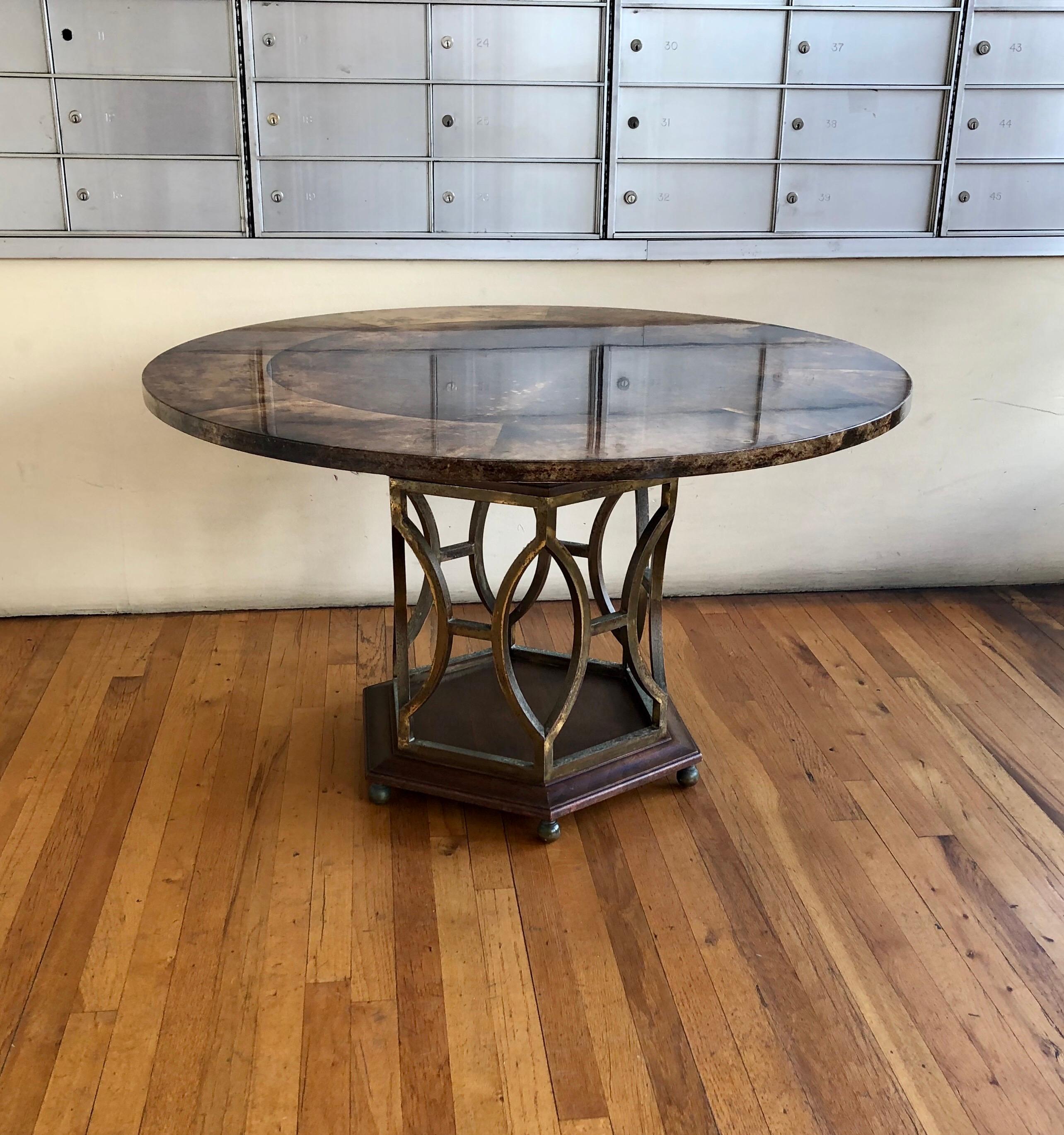 Italian Rare Game / Dinning Table by Aldo Tura Italy Goatskin and Brass For Sale