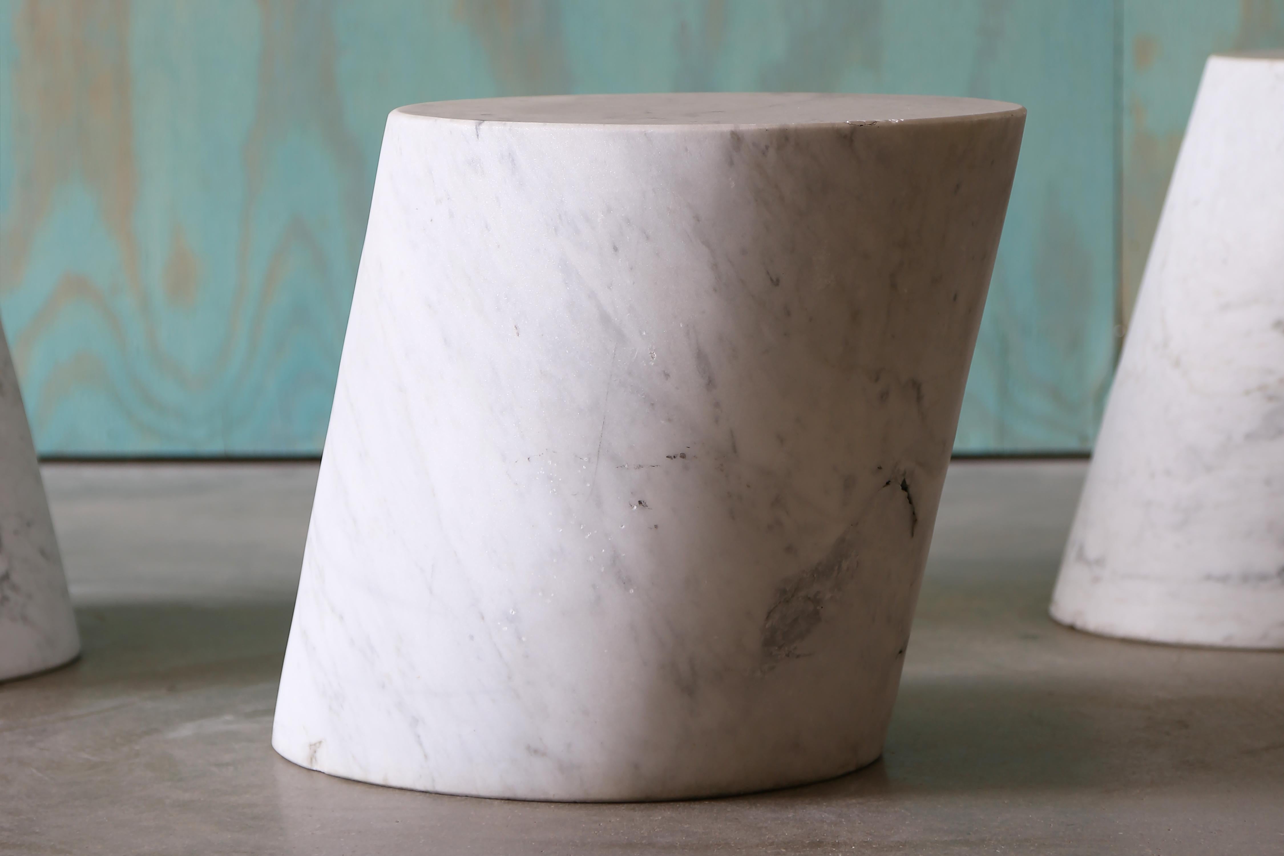 4 Lucia Mercer End Tables for Knoll, circa 1982 in white granite with gray veining. Incised designer's initials to underside of each example ‘LM’. Lucia Mercer's educational background in landscape architecture from Cornell University and her