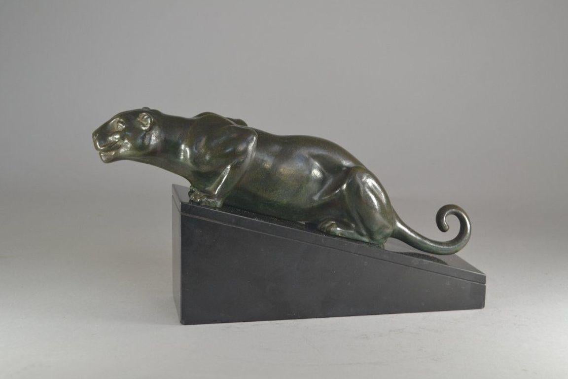 Art Deco Rare Lucien Alliot art deco bronze panther on marble base