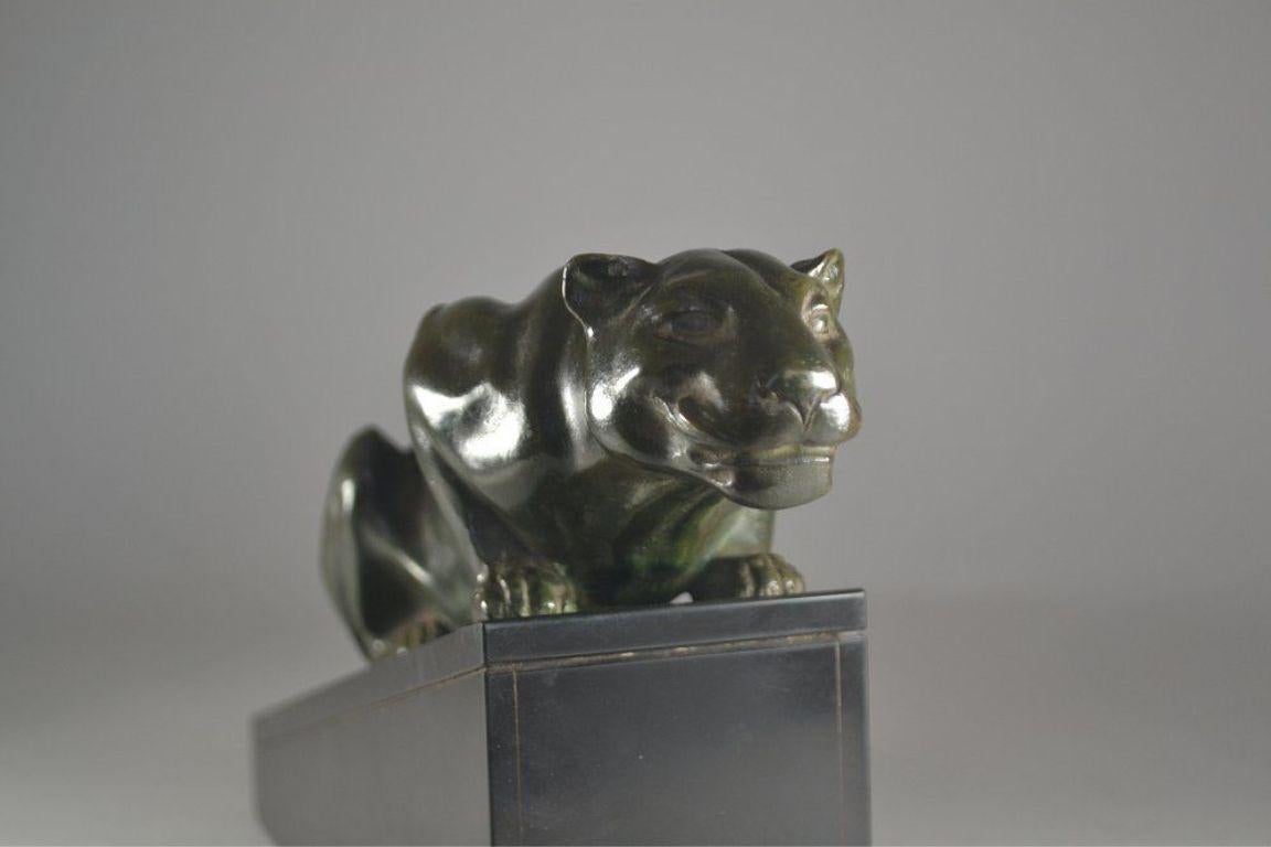 French Rare Lucien Alliot art deco bronze panther on marble base