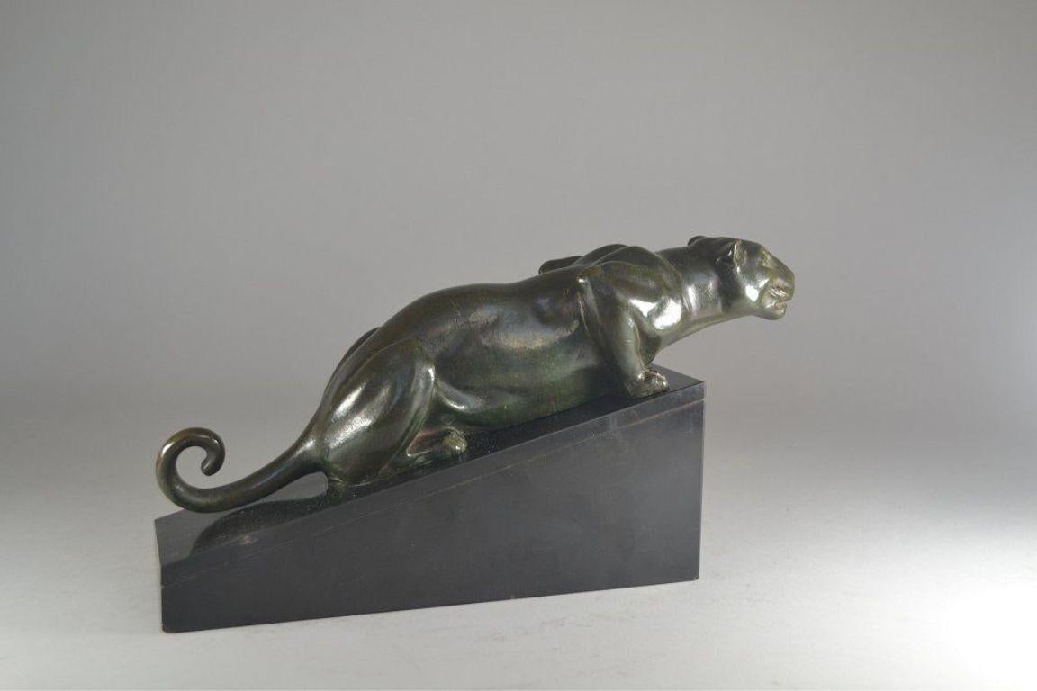 Rare Lucien Alliot art deco bronze panther on marble base In Excellent Condition In Barjols, FR