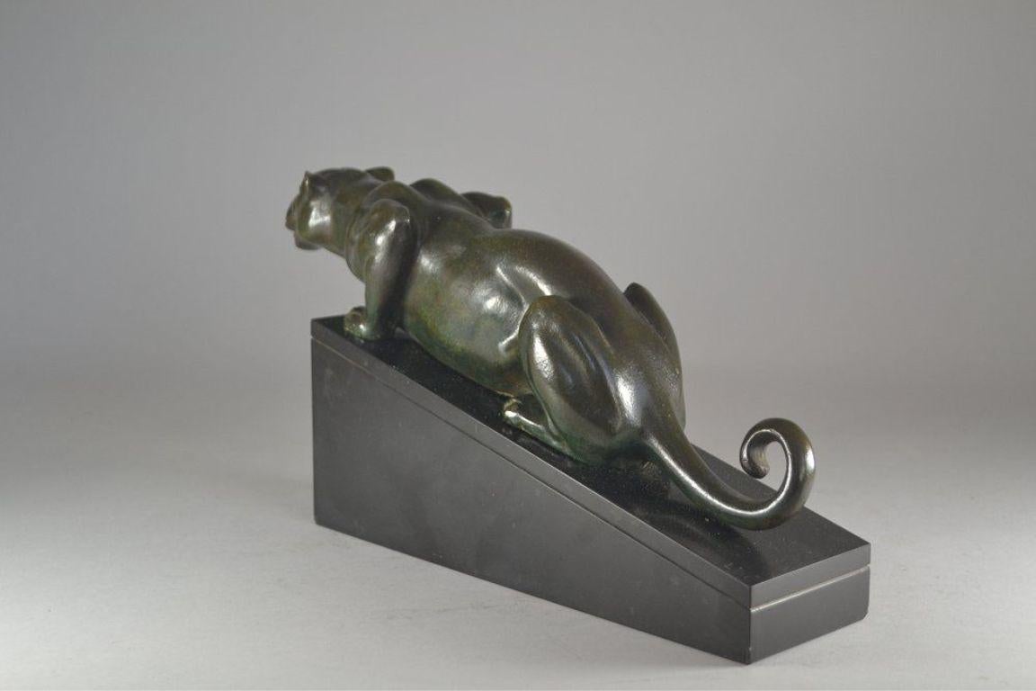 Mid-20th Century Rare Lucien Alliot art deco bronze panther on marble base