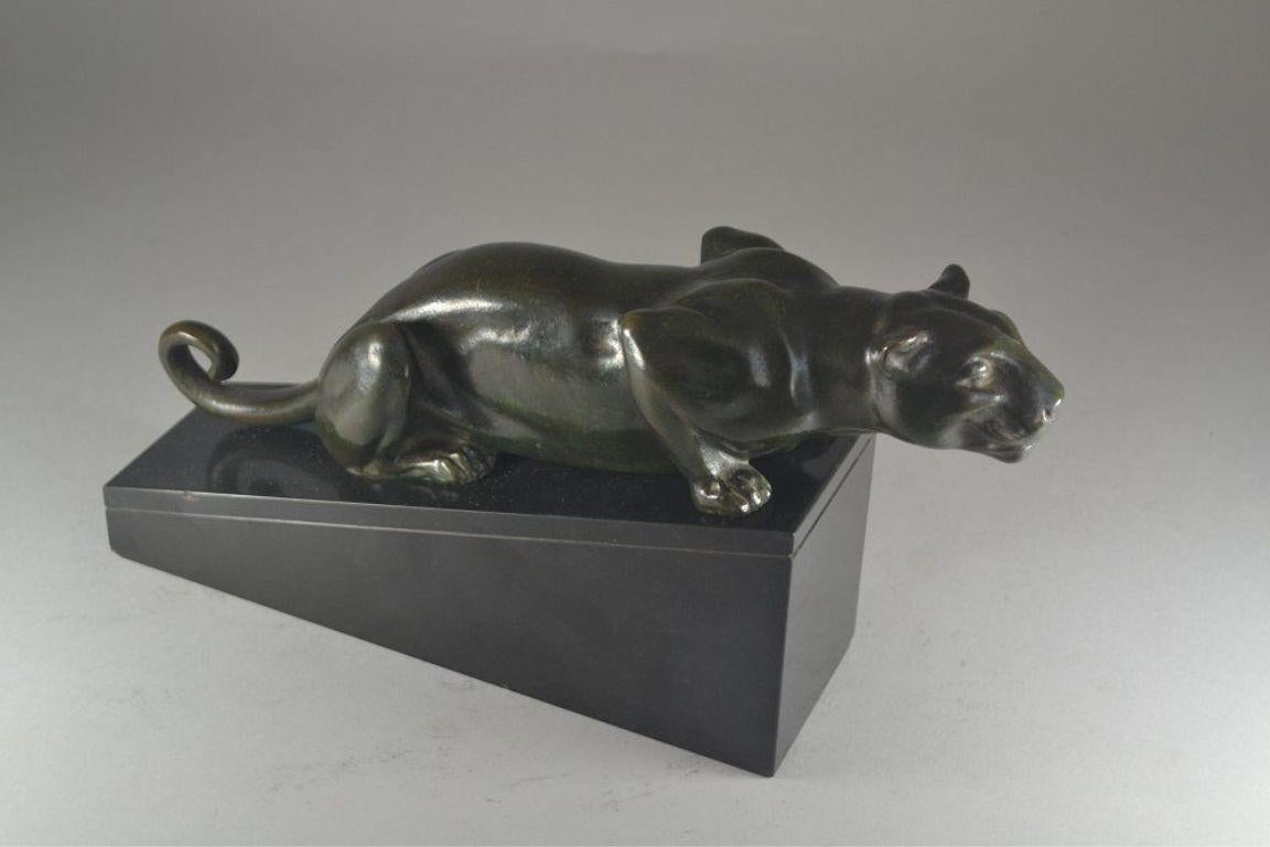 Bronze Rare Lucien Alliot art deco bronze panther on marble base