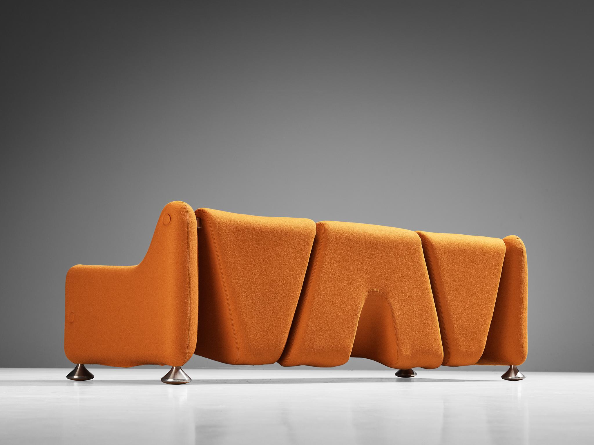 Luigi Colani for Fritz Hansen, sofa, chrome-plated steel, metal, orange fabric, Denmark, 1970s

The German industrial designer Luigi Colani was renowned for incorporating organic shapes inspired by nature into cutting-edge creations such as