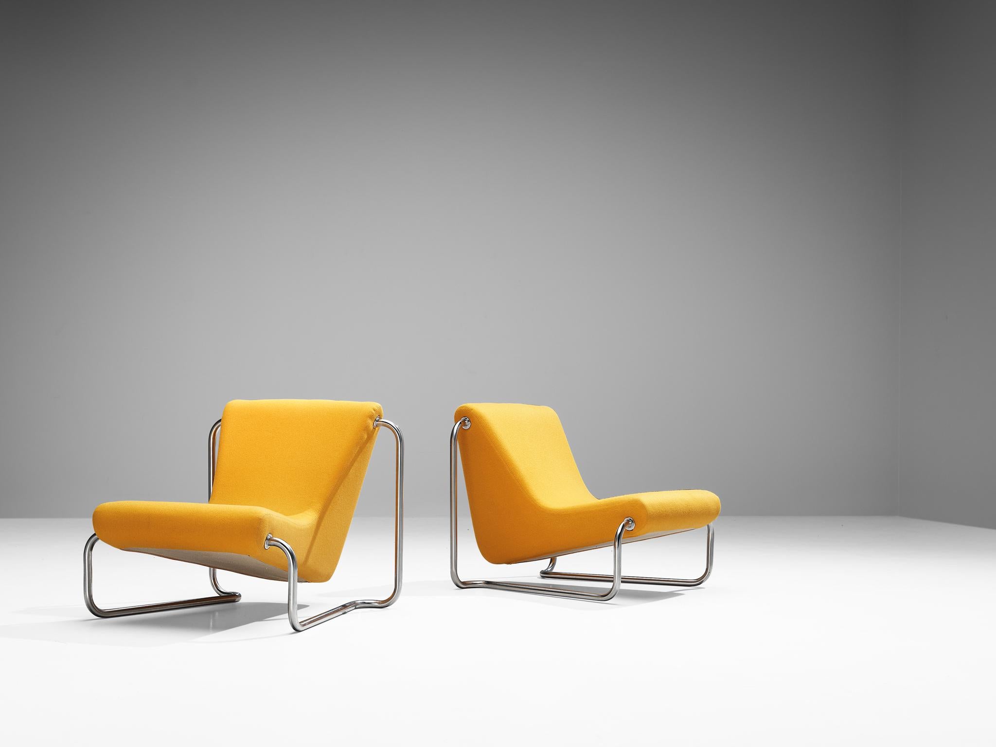 Luigi Colani for Fritz Hansen, pair of easy chairs, chrome-plated steel, orange fabric, Denmark, 1970s

The German industrial designer Luigi Colani was renowned for incorporating organic shapes inspired by nature into cutting-edge creations such
