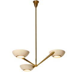 Rare Lumen Mid-Century Modern Italian Chandelier in Brass with Off-White Shades