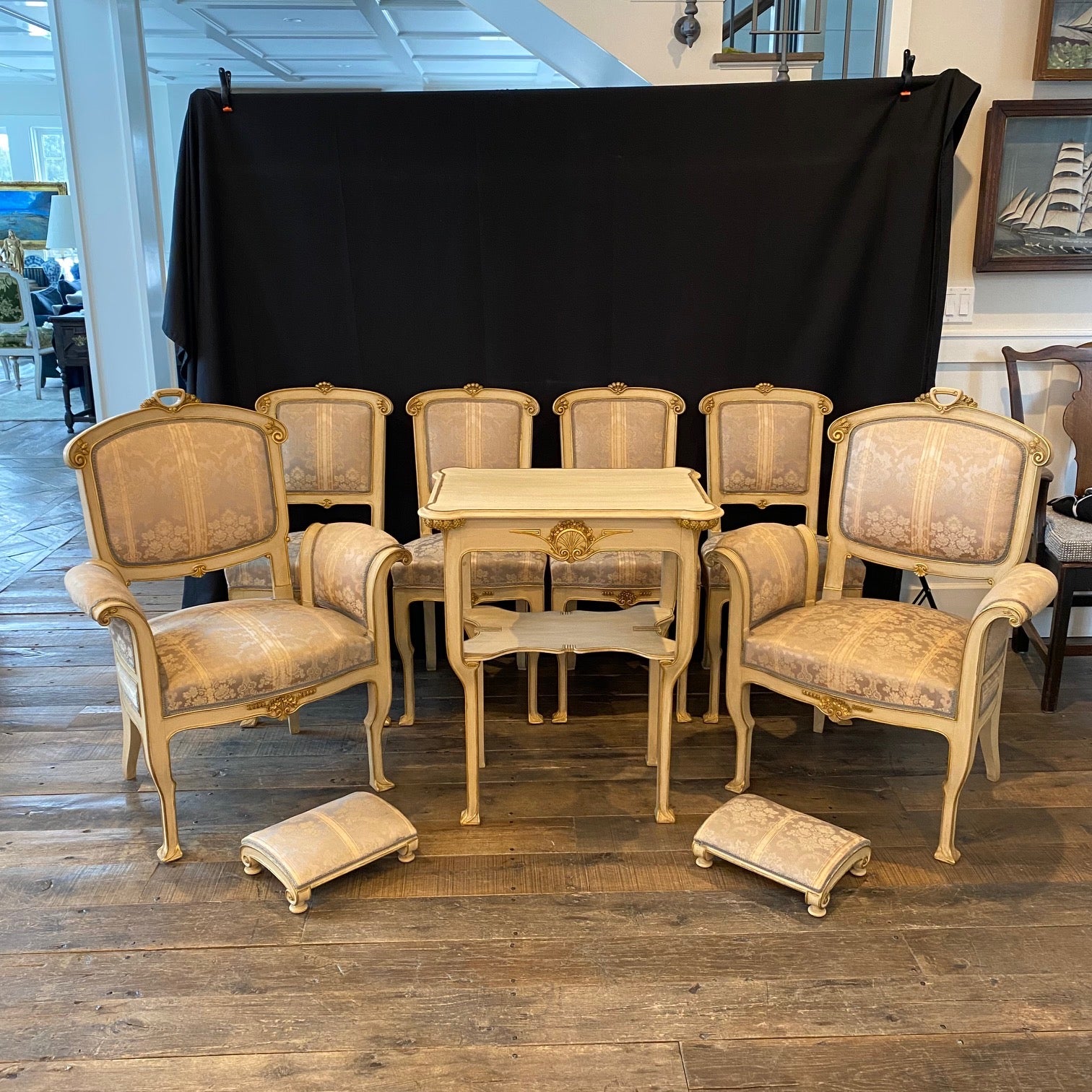 Excellent early 20th century Art Nouveau complete original salon suite set, hand carved and painted in a lovely neutral color with original silk upholstery in very good condition of the highest quality. The name 