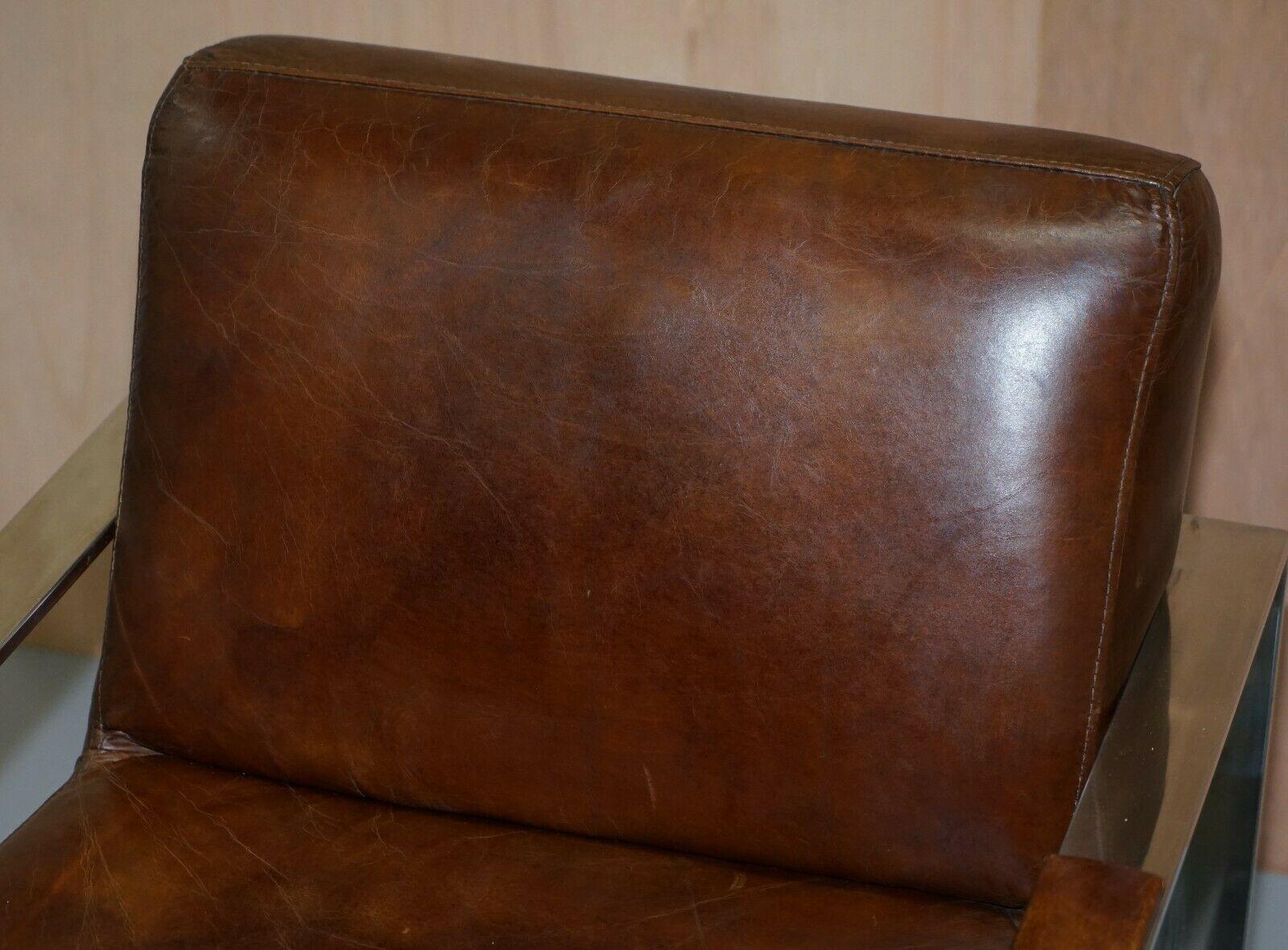 20th Century Rare Luxury Pair of Chrome & Vintage Heritage Brown Leather Occasional Armchairs