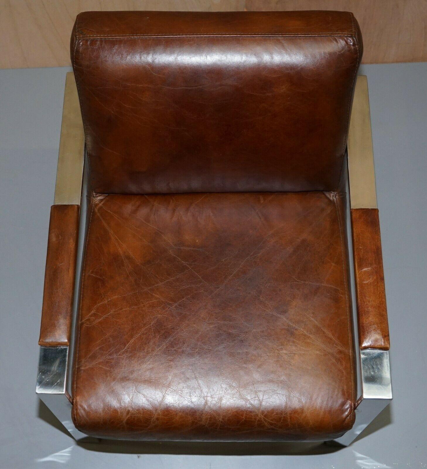 Rare Luxury Pair of Chrome & Vintage Heritage Brown Leather Occasional Armchairs 1