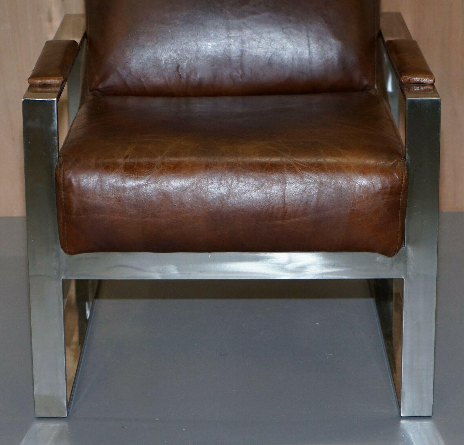 Rare Luxury Pair of Chrome & Vintage Heritage Brown Leather Occasional Armchairs 2