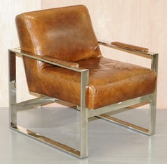 Rare Luxury Pair of Chrome & Vintage Heritage Brown Leather Occasional Armchairs