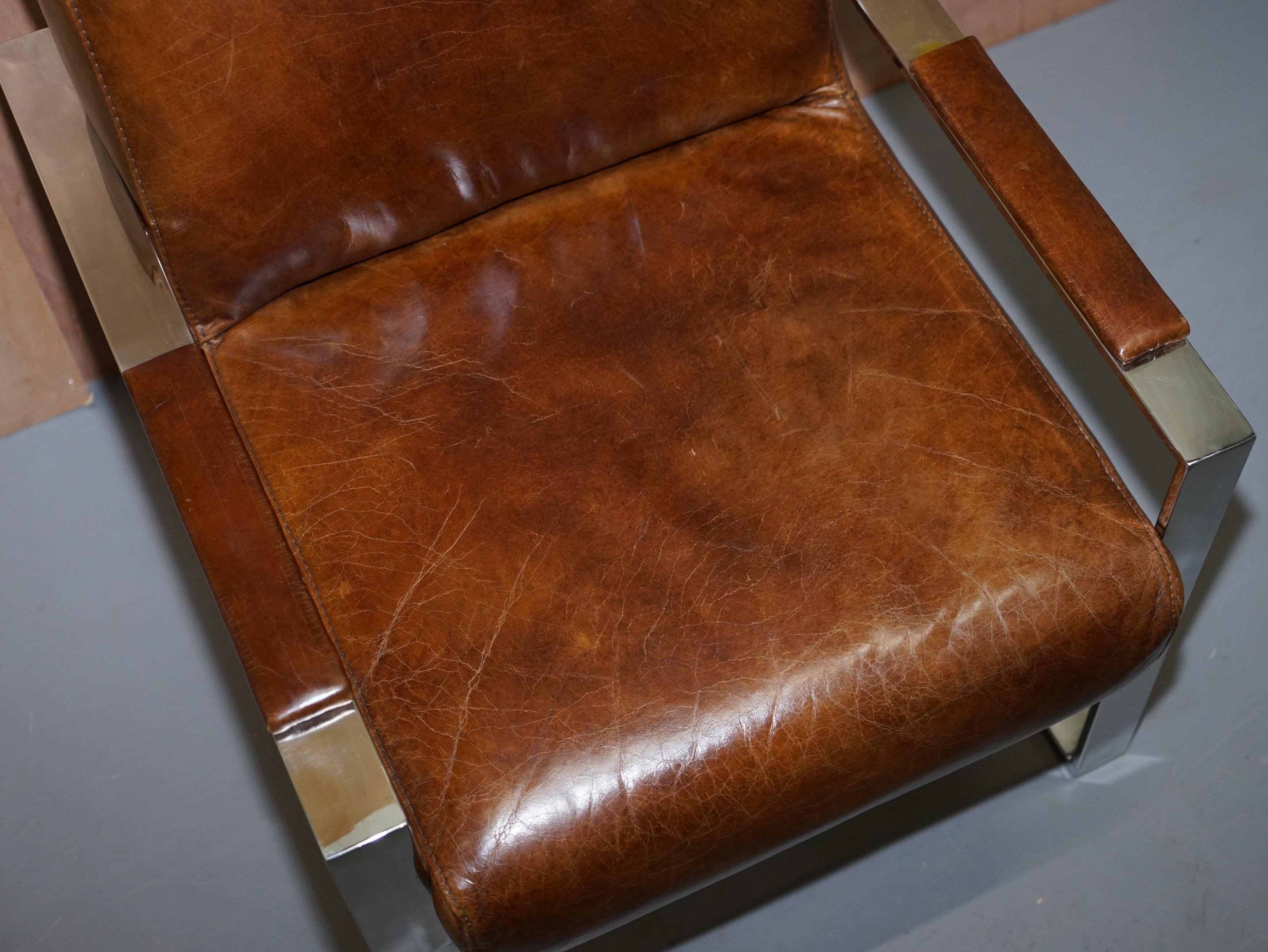 Modern Rare Luxury Pair of Chrome & Vintage Heritage Brown Leather Occasional Armchairs