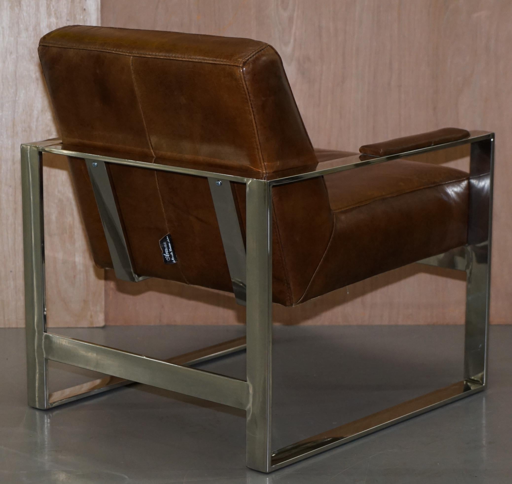 English Rare Luxury Pair of Chrome & Vintage Heritage Brown Leather Occasional Armchairs