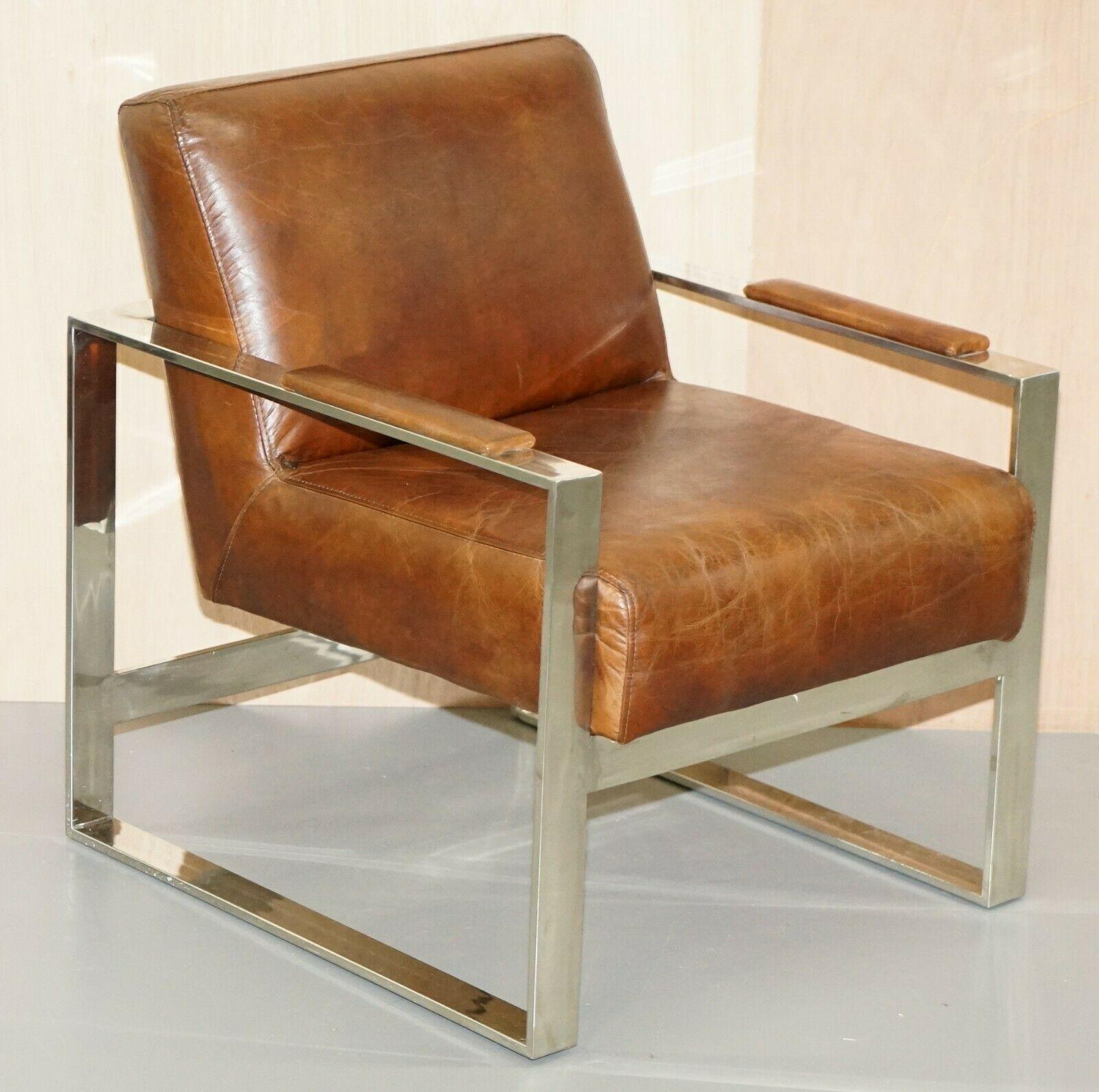 Hand-Crafted Rare Luxury Pair of Chrome & Vintage Heritage Brown Leather Occasional Armchairs