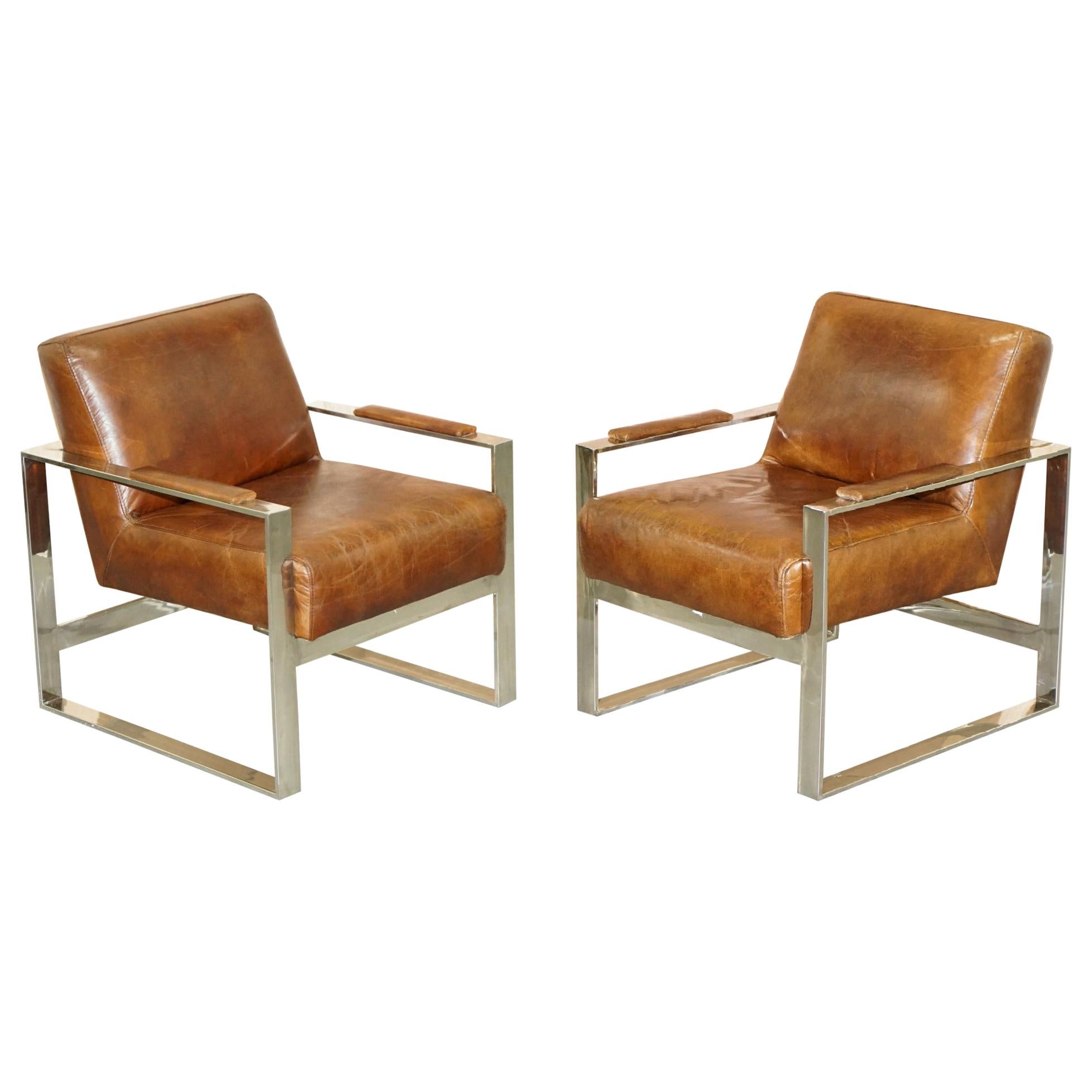 Rare Luxury Pair of Chrome & Vintage Heritage Brown Leather Occasional Armchairs