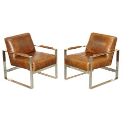 Rare Luxury Pair of Chrome & Vintage Heritage Brown Leather Occasional Armchairs