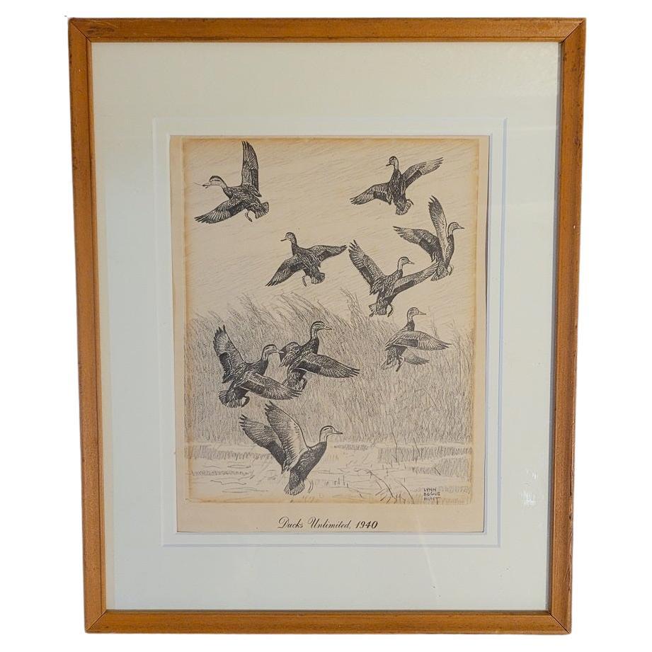 Rare Lynn Bogue Hunt Engraving of Ducks Unlimited, 1940 For Sale