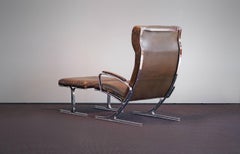 Rare M. v. Gerkan Easy Chair and Ottoman Mod. Berlin Brown Leather Steel Knoll
