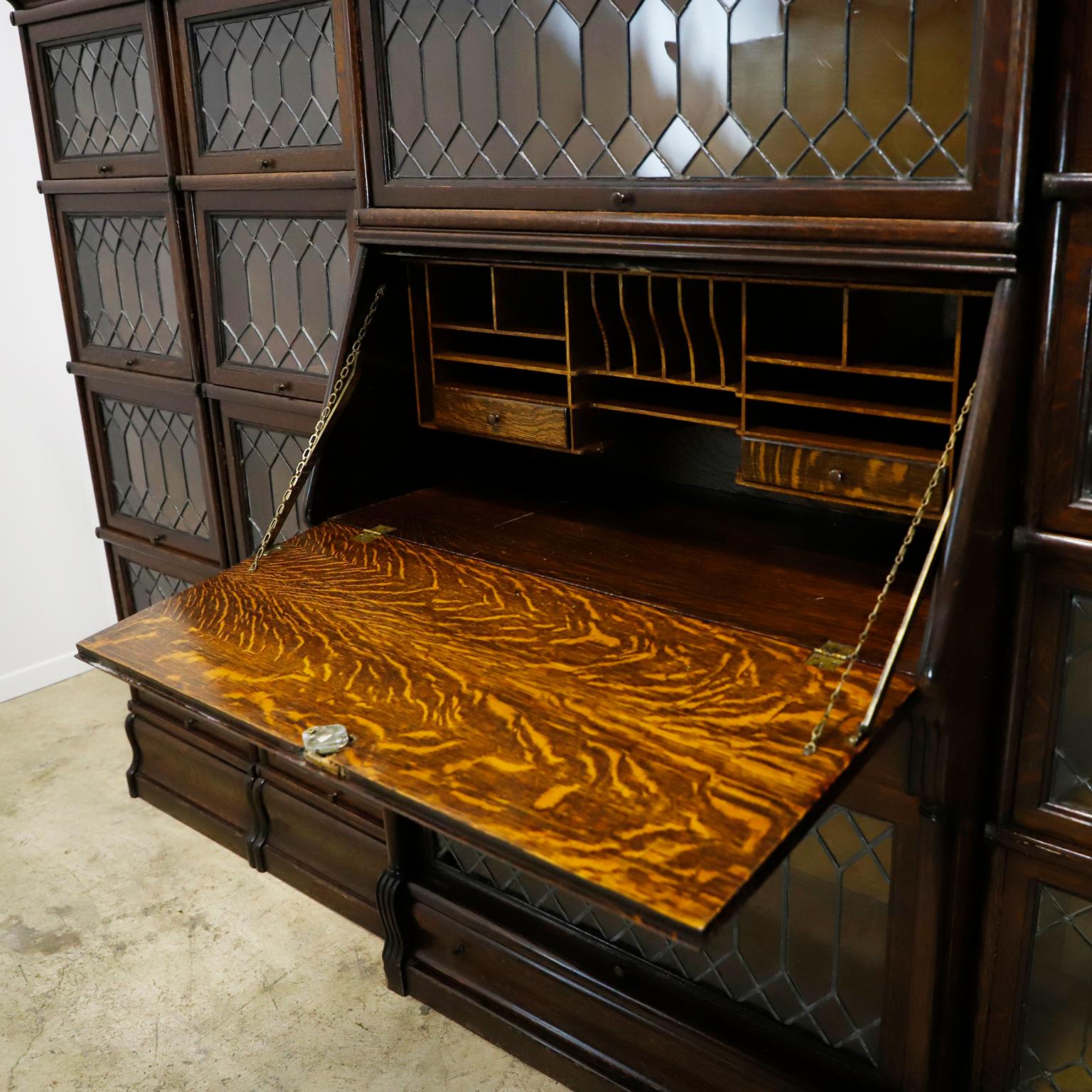 American Rare Macey Sectional Bookcase made in Tiger Oak w/ Leaded Glass Doors. For Sale