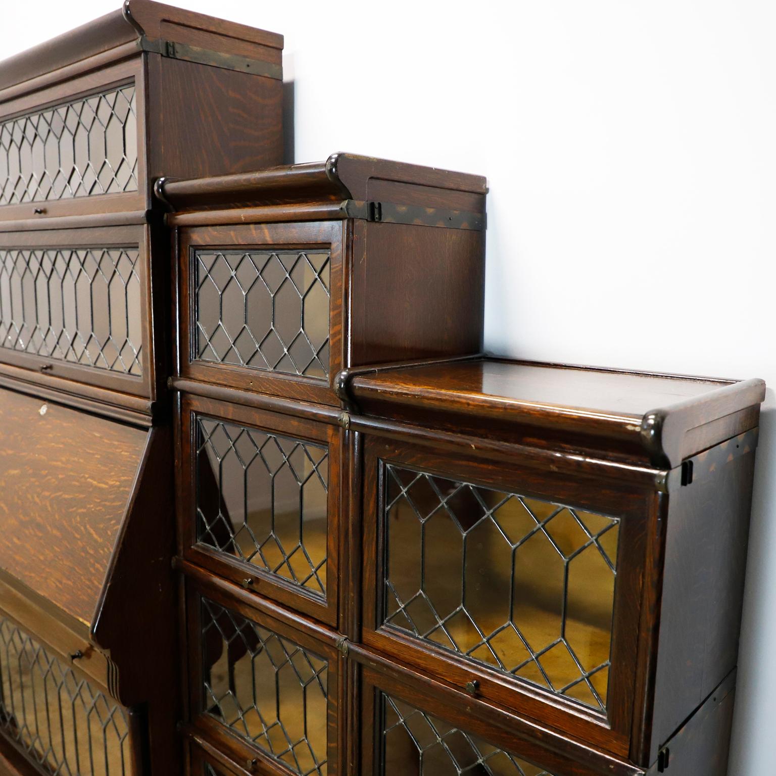 Early 20th Century Rare Macey Sectional Bookcase made in Tiger Oak w/ Leaded Glass Doors. For Sale