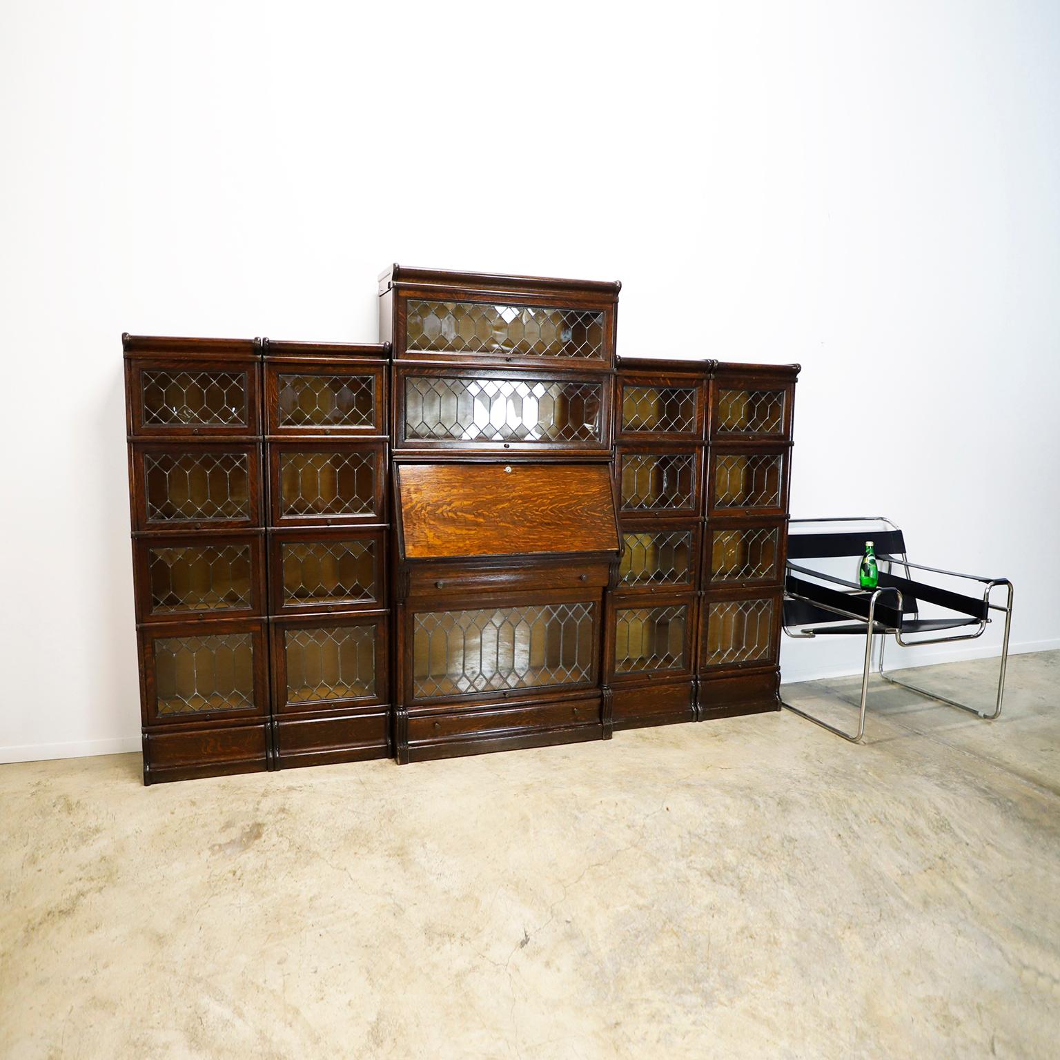 Rare Macey Sectional Bookcase made in Tiger Oak w/ Leaded Glass Doors. For Sale 2