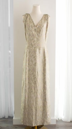 Raro vestido de noche de alta costura de satén brocado marfil dorado de Madame Grès de los años 50
