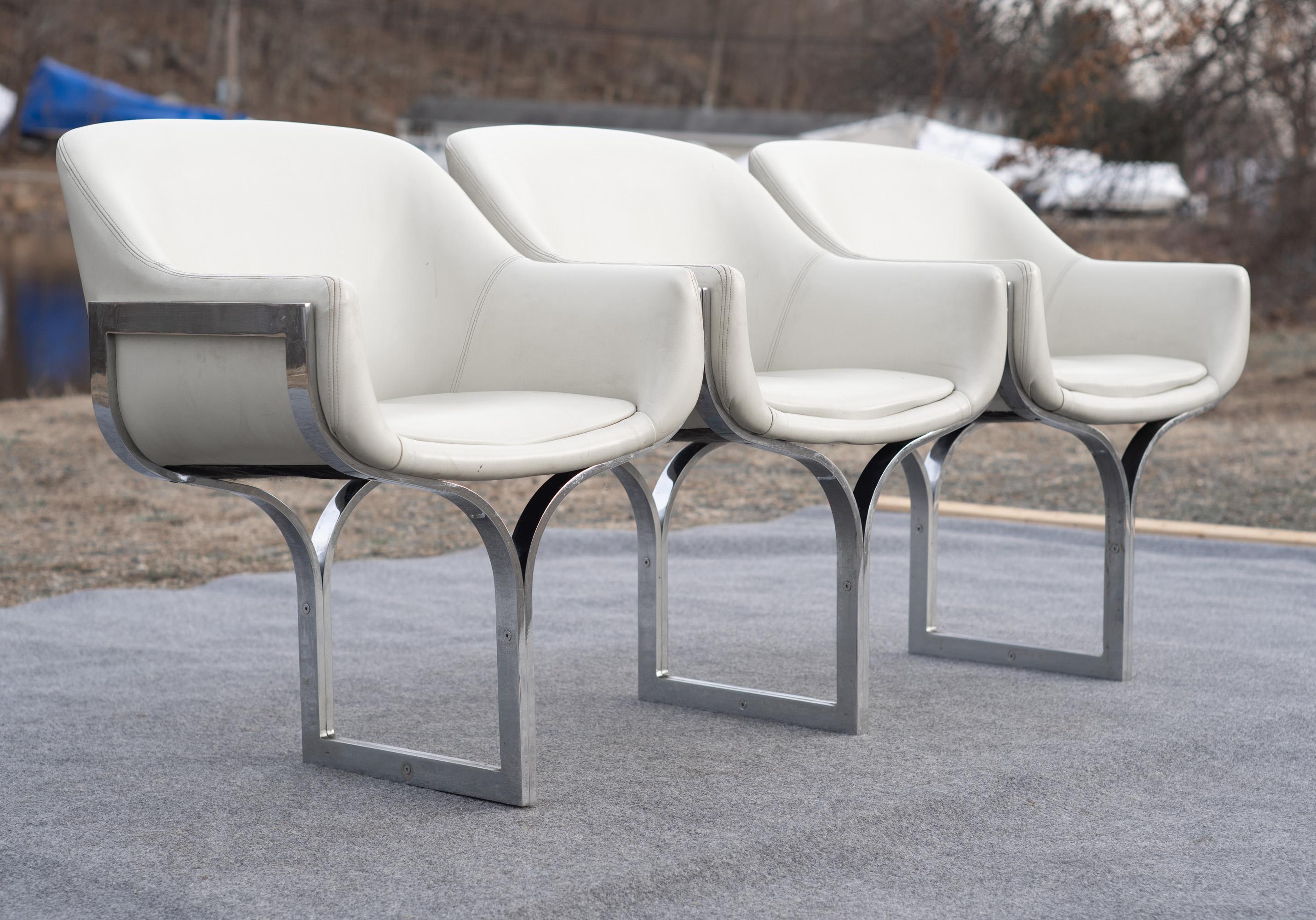 American Rare Madison Furniture Three Seat Chromed Steel & White Leather Bench or Sofa For Sale