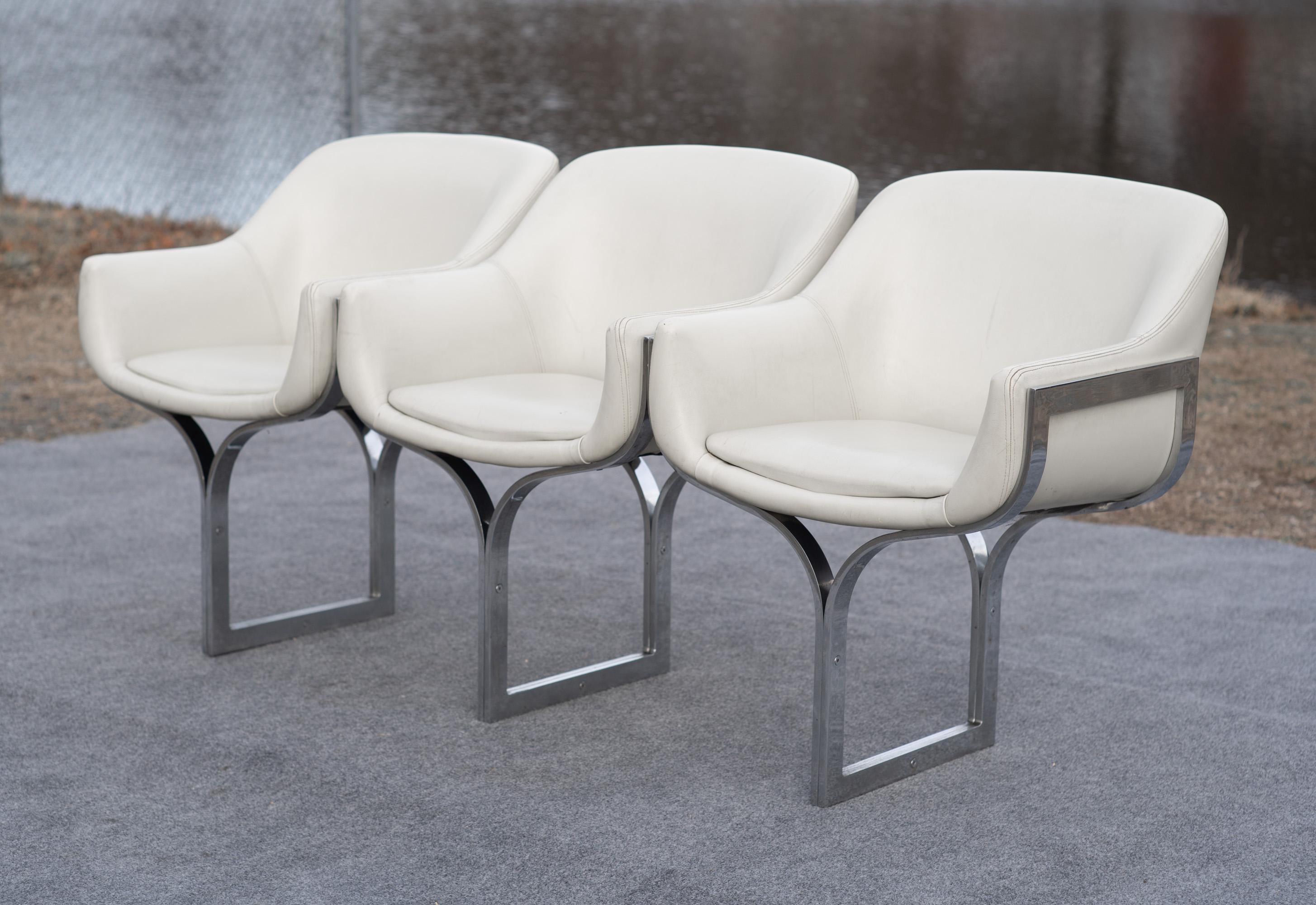 Plated Rare Madison Furniture Three Seat Chromed Steel & White Leather Bench or Sofa For Sale
