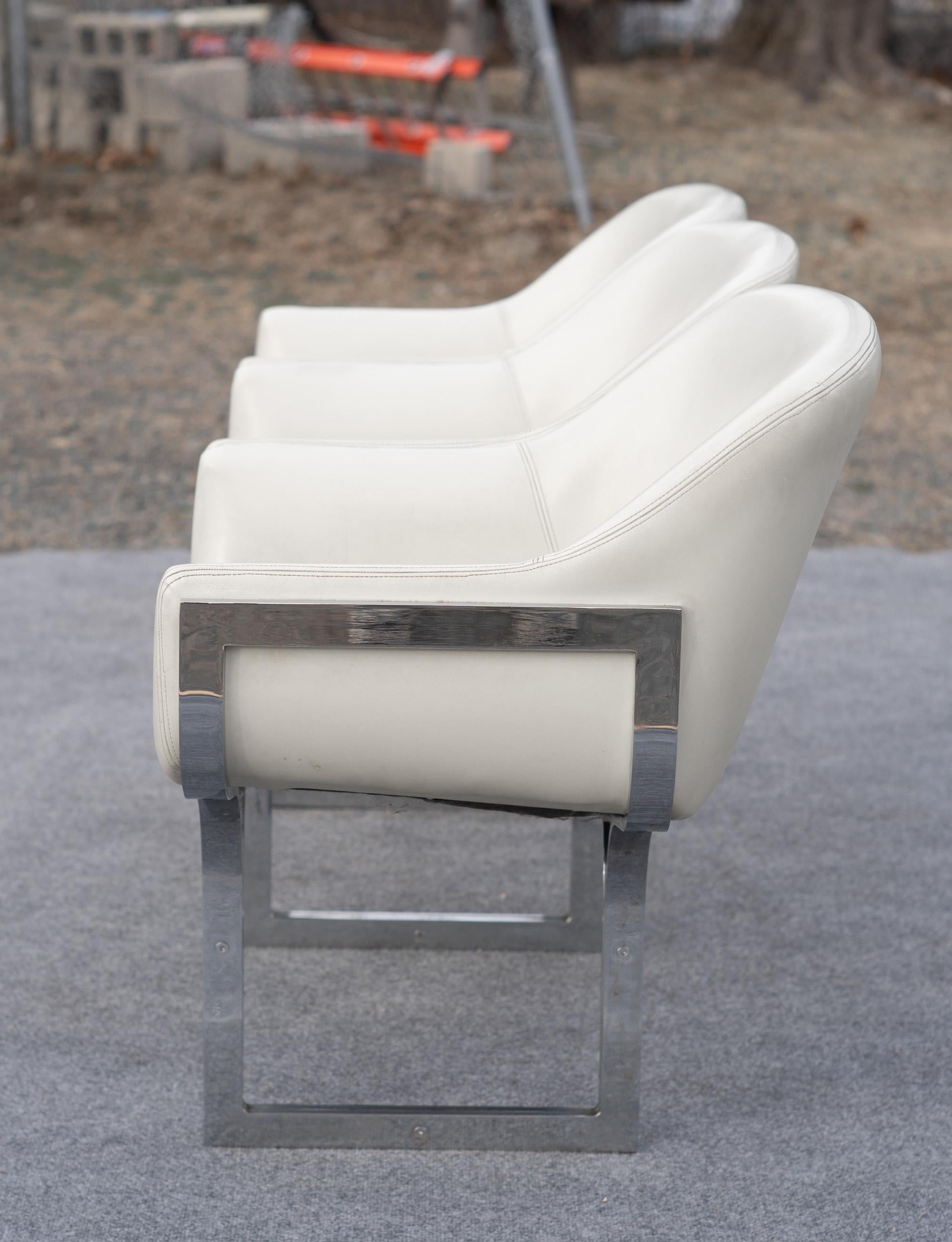 Mid-20th Century Rare Madison Furniture Three Seat Chromed Steel & White Leather Bench or Sofa For Sale