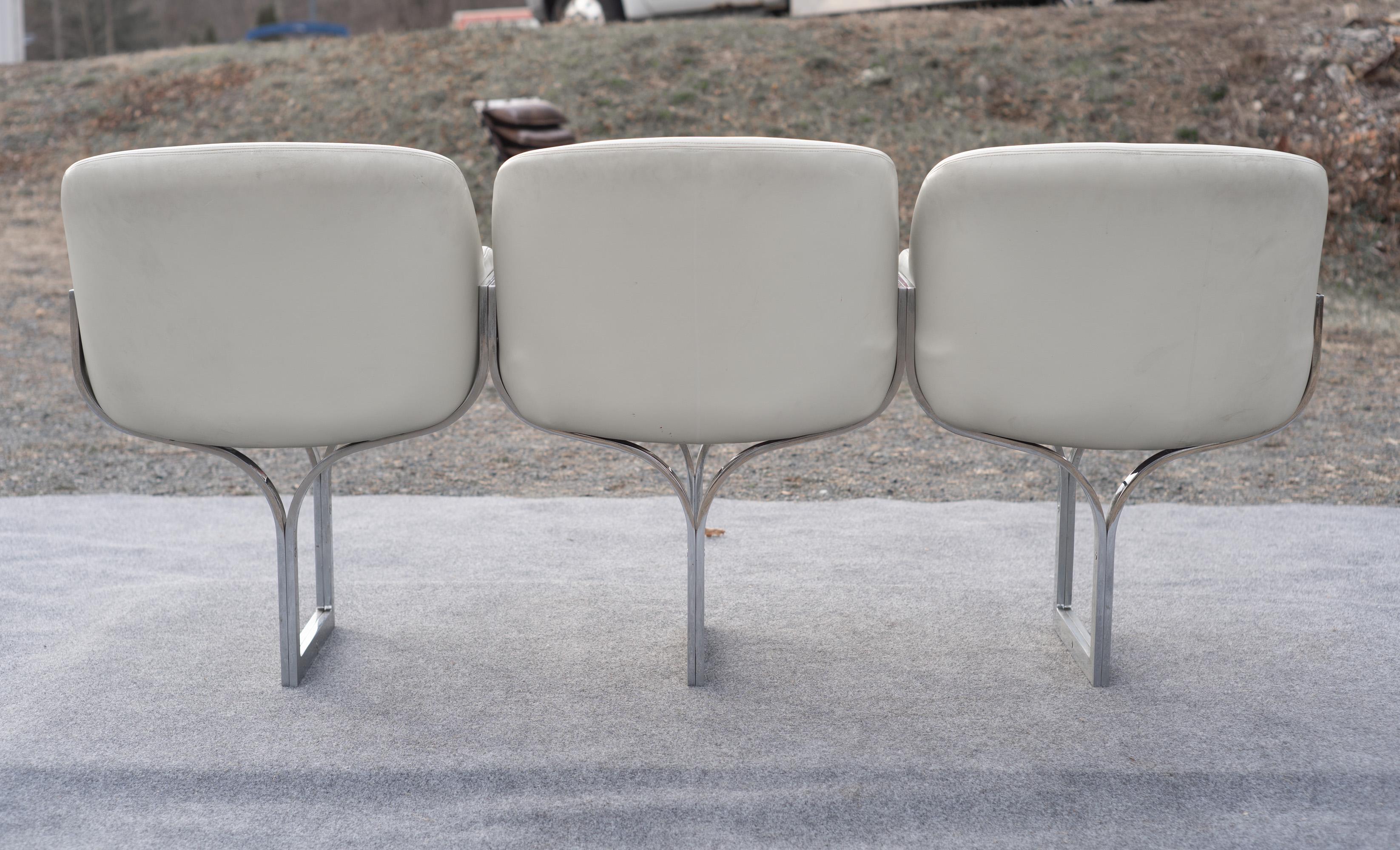 Rare Madison Furniture Three Seat Chromed Steel & White Leather Bench or Sofa For Sale 1