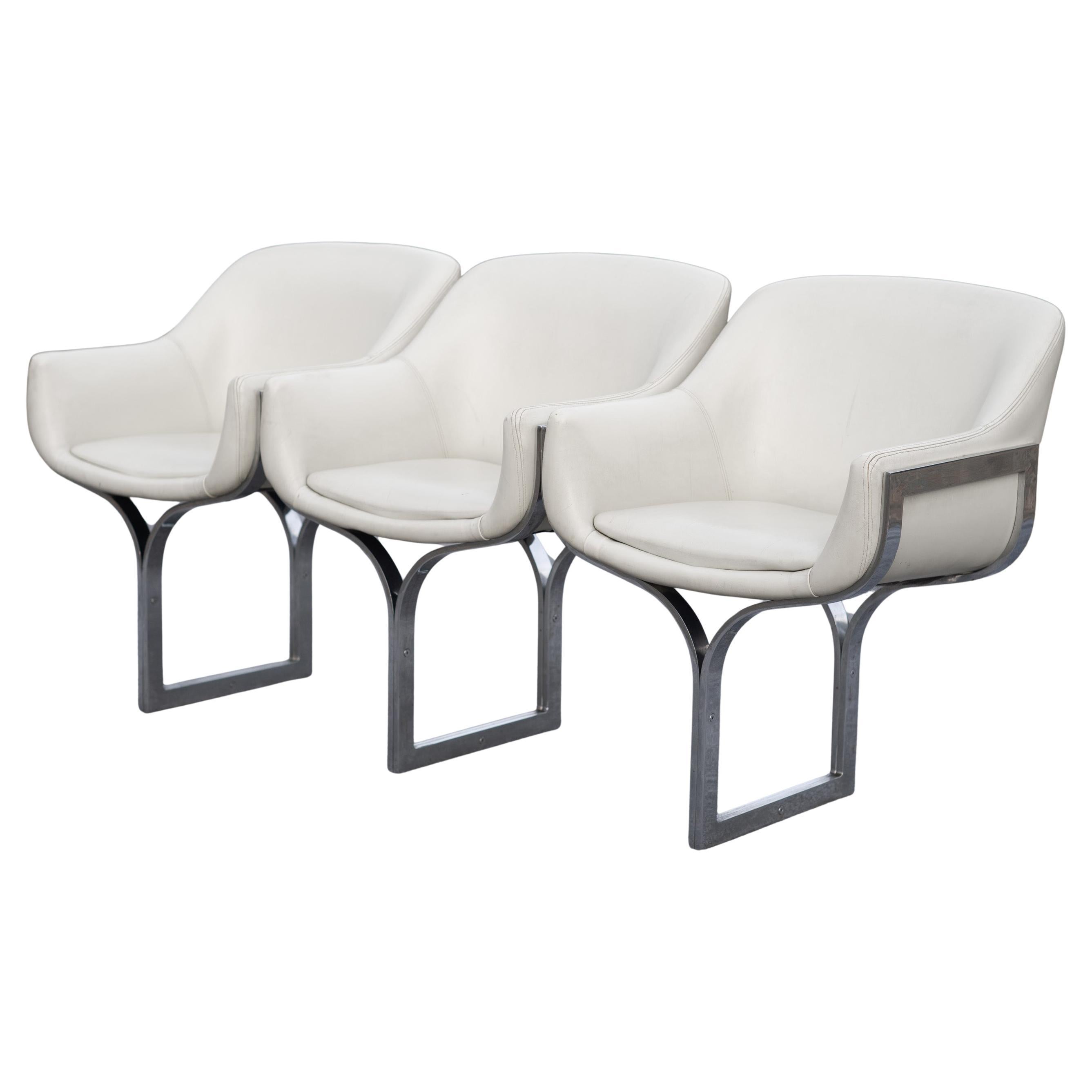 Rare Madison Furniture Three Seat Chromed Steel & White Leather Bench or Sofa