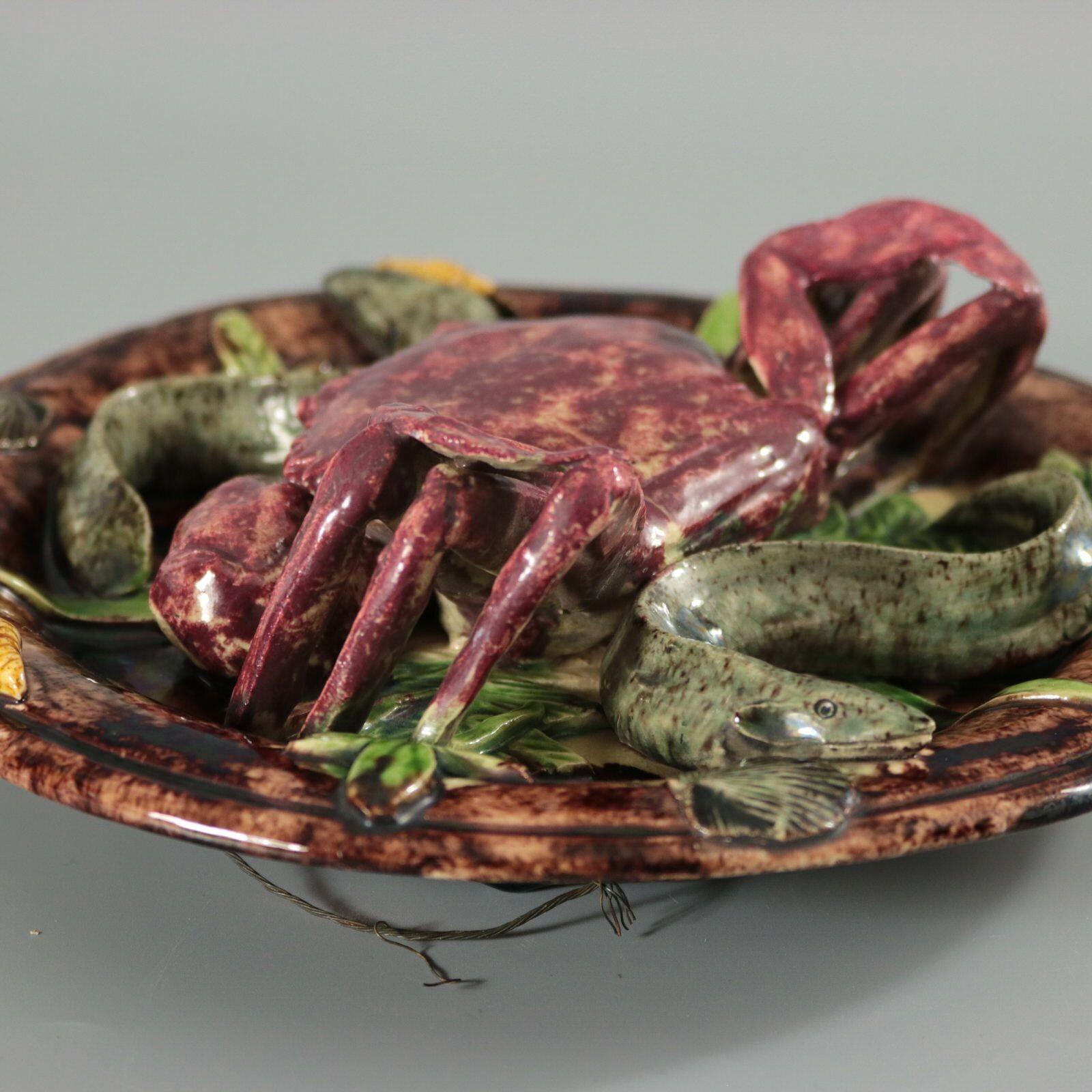 Late 19th Century Rare Mafra Palissy Majolica Crab Plate For Sale
