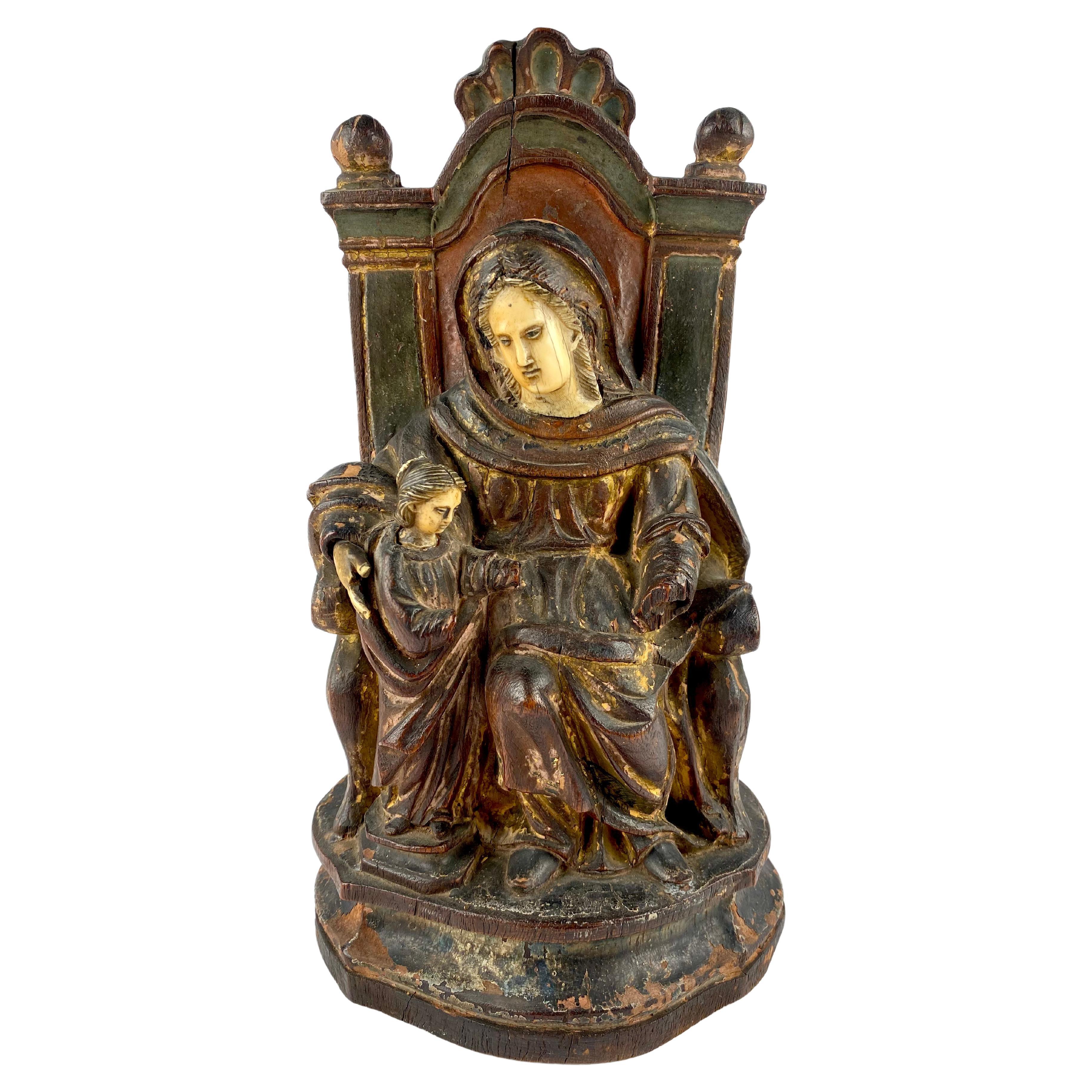 Rare Magnificent 18th Century Indo Portuguese Polychrome Carved Saint Anne