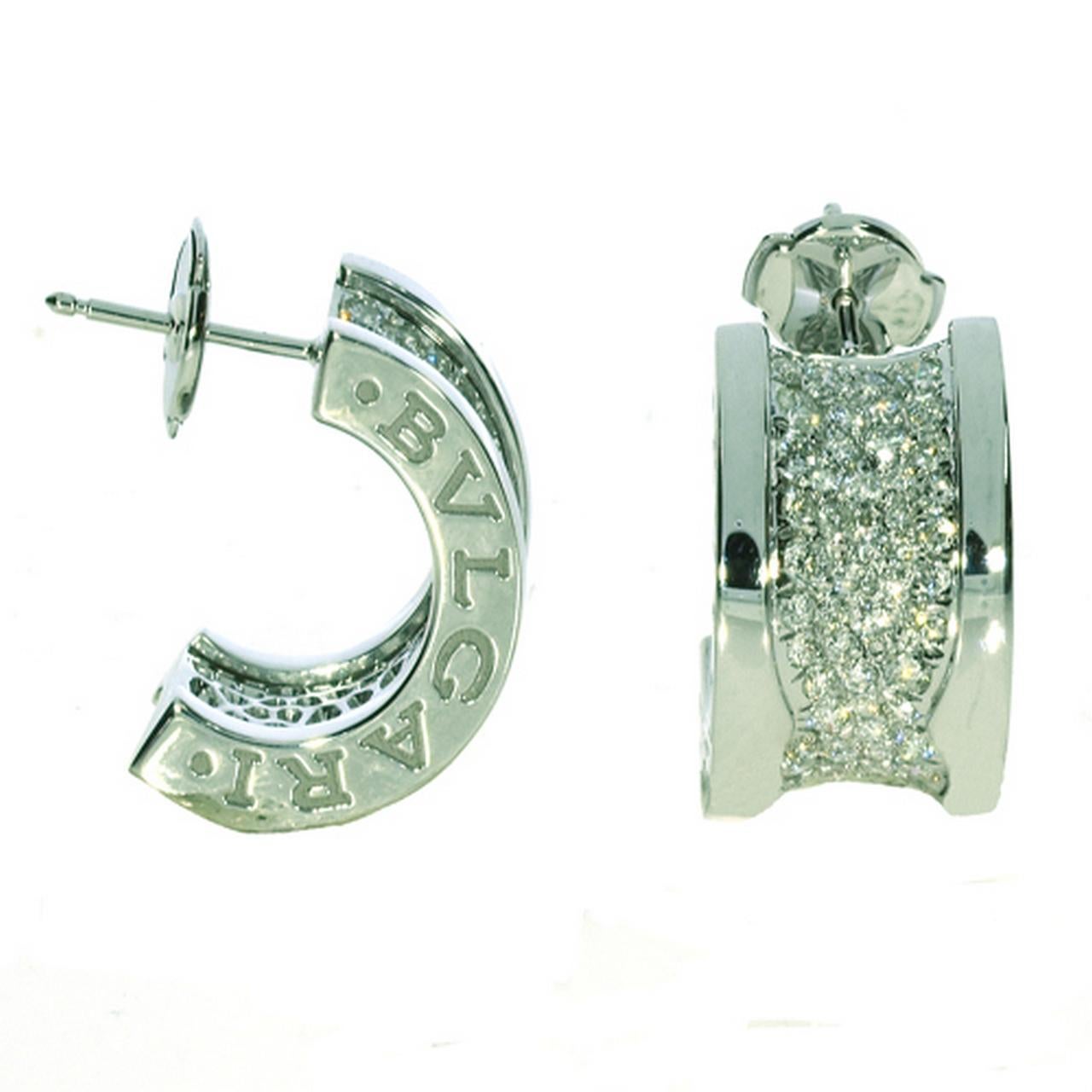 Round Cut Rare Magnificent Estate 18KT White Gold Fancy Bvlgari Huggie Diamond Earrings For Sale