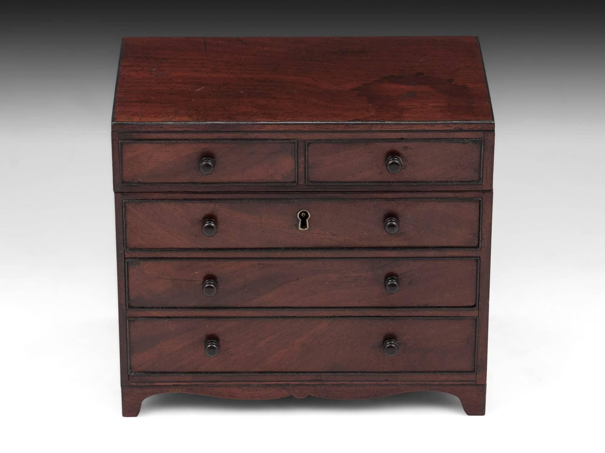 Rare mahogany tea caddy in the form of a chest a drawers. The interior has two compartments with most of their original lining, with two wooden lids with brass stringing and bone handles. 

This charming tea caddy comes with a fully working lock