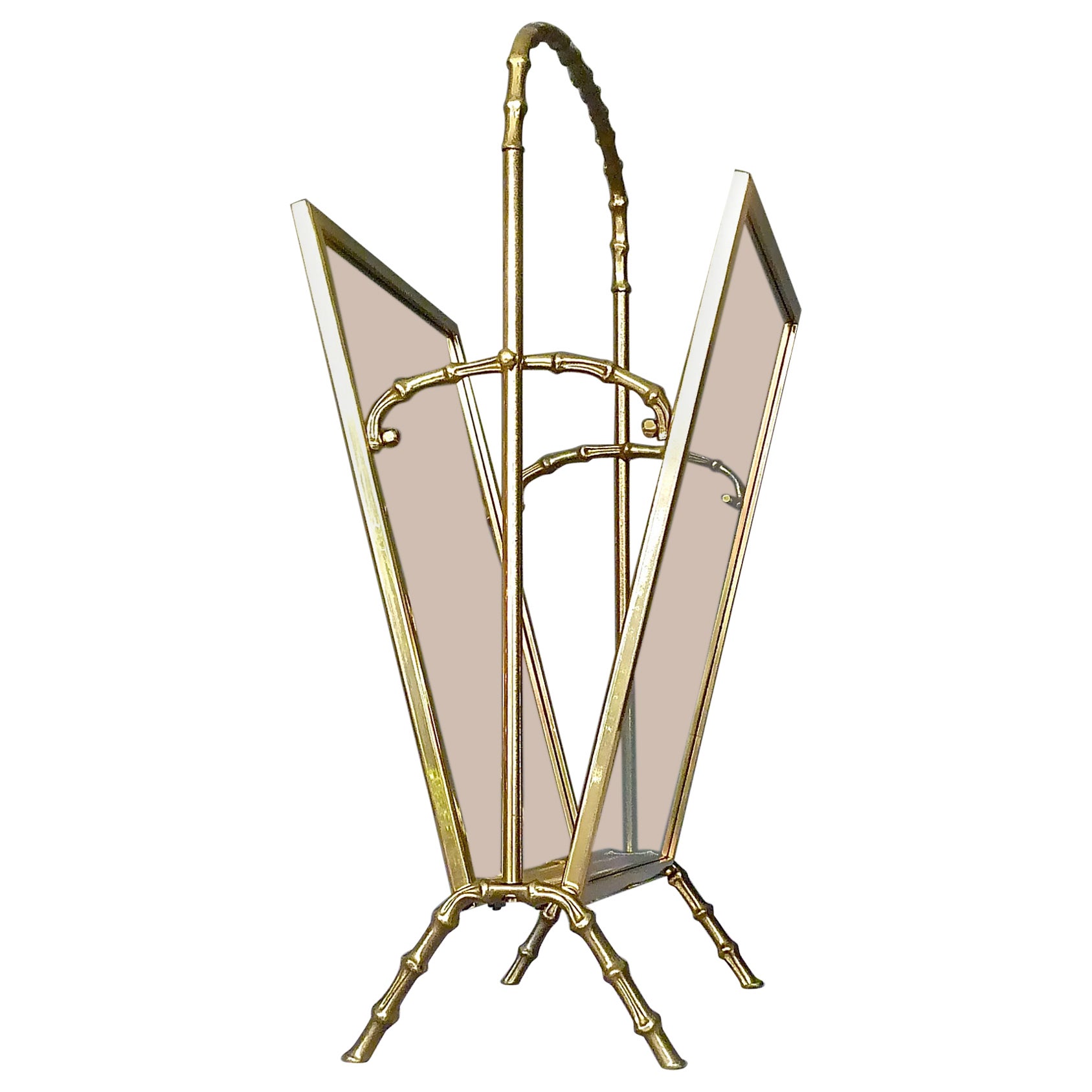 Rare Maison Bagues Faux Bamboo Magazine Rack Stand Brass Glass 1950s Jansen For Sale