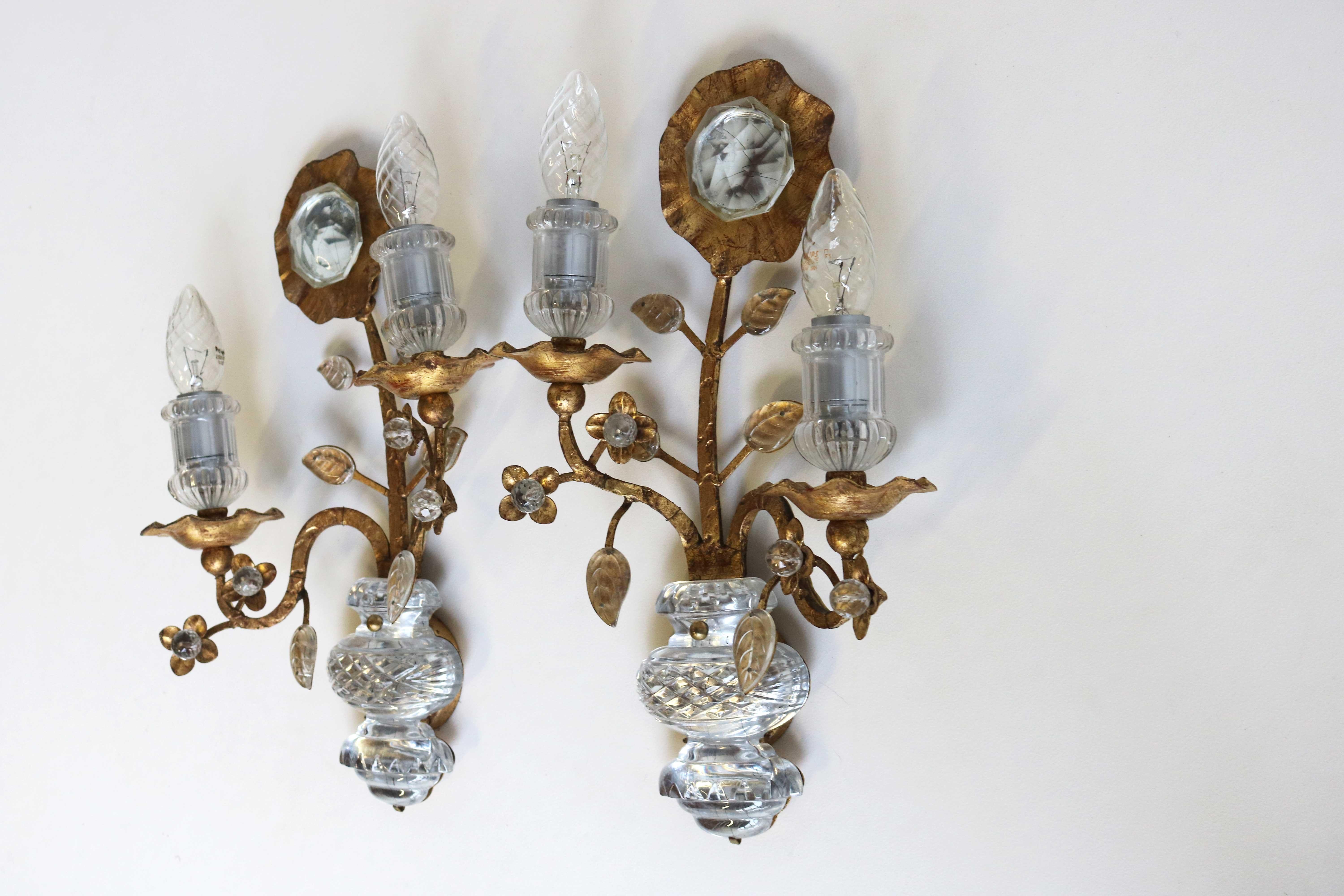 Mid-20th Century Rare Maison Baguès Set of Two Gilt ‘Rose’ Scones French Crystal Wall Lamps 1960s For Sale