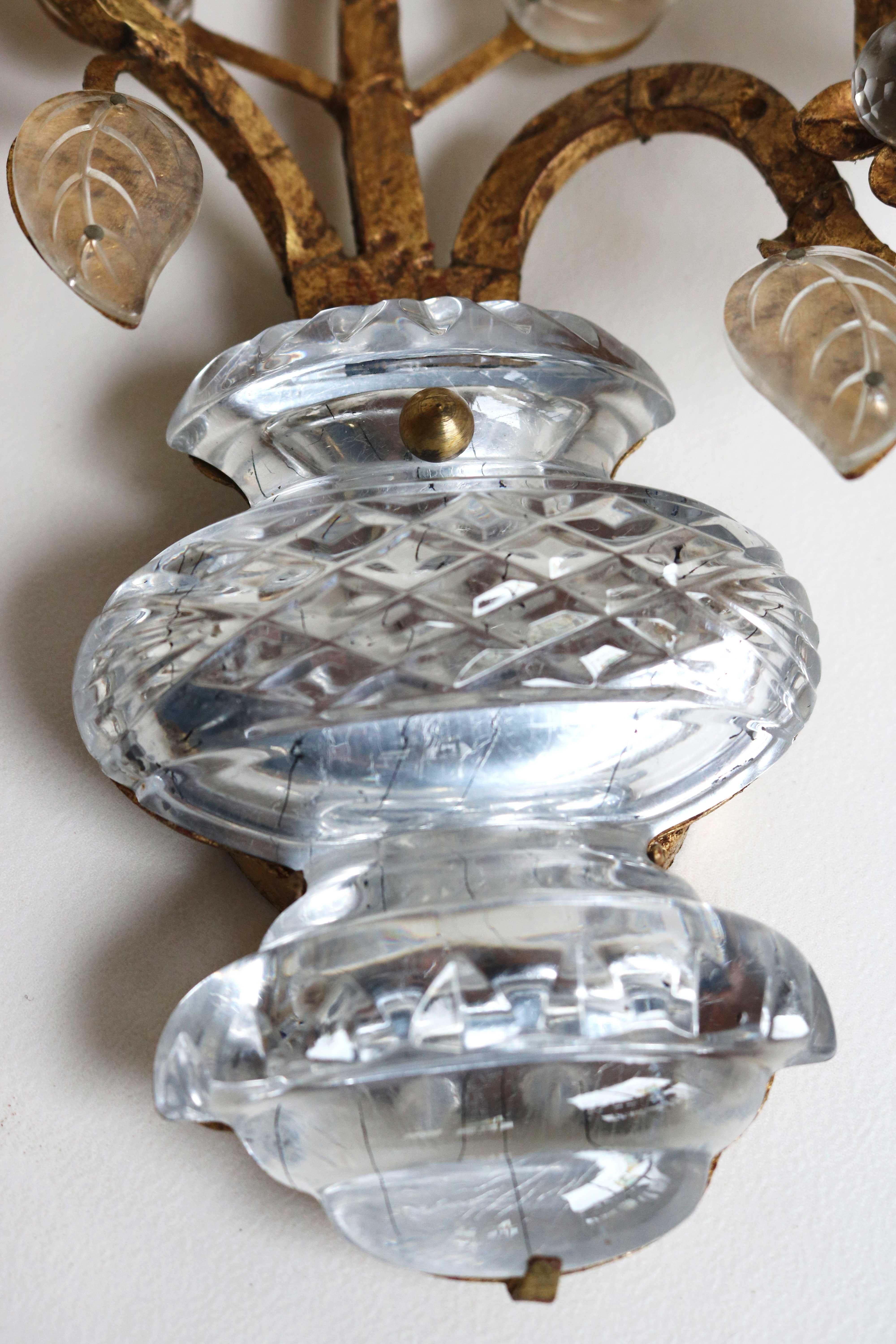 Rare Maison Baguès Set of Two Gilt ‘Rose’ Scones French Crystal Wall Lamps 1960s For Sale 2