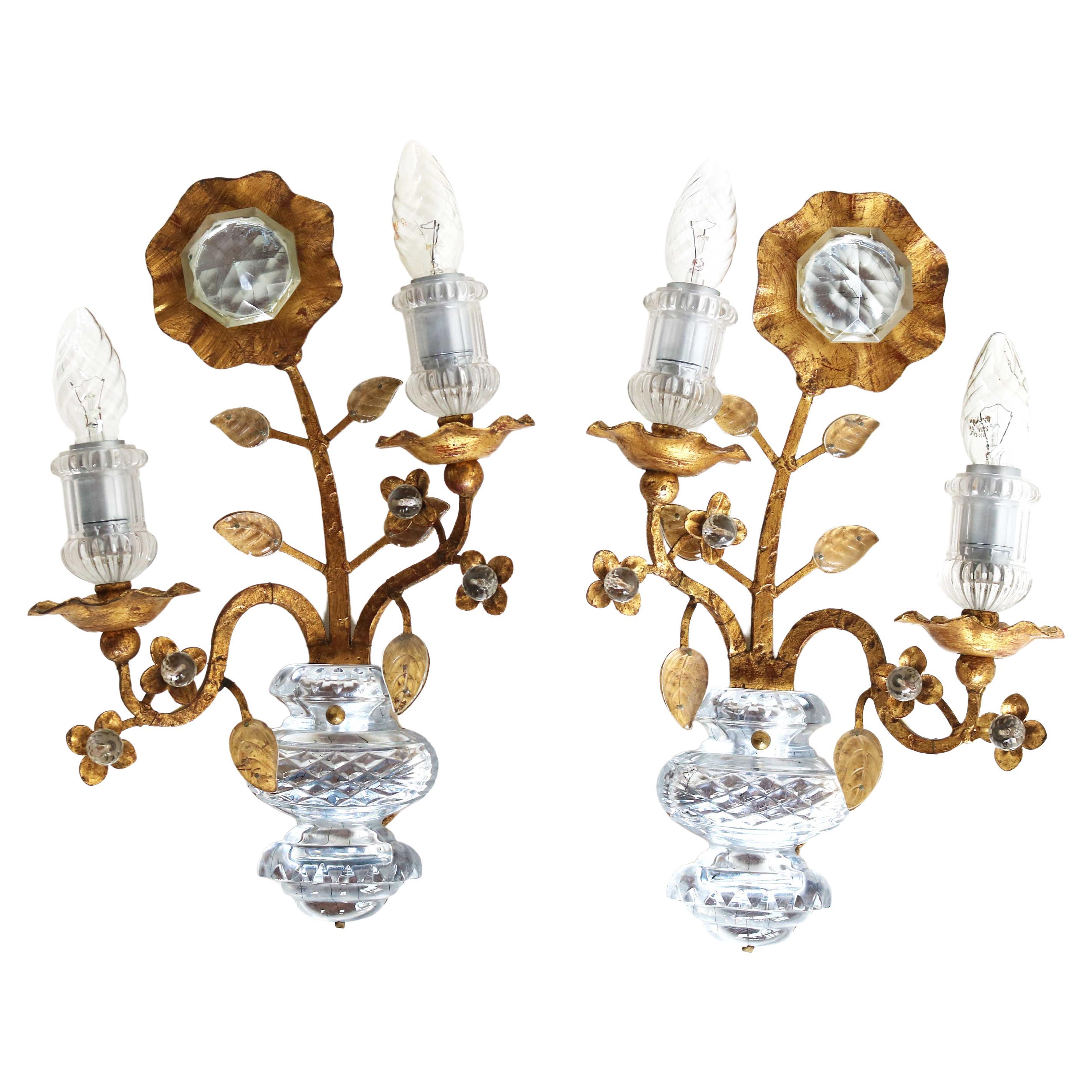 Rare Maison Baguès Set of Two Gilt ‘Rose’ Scones French Crystal Wall Lamps 1960s For Sale